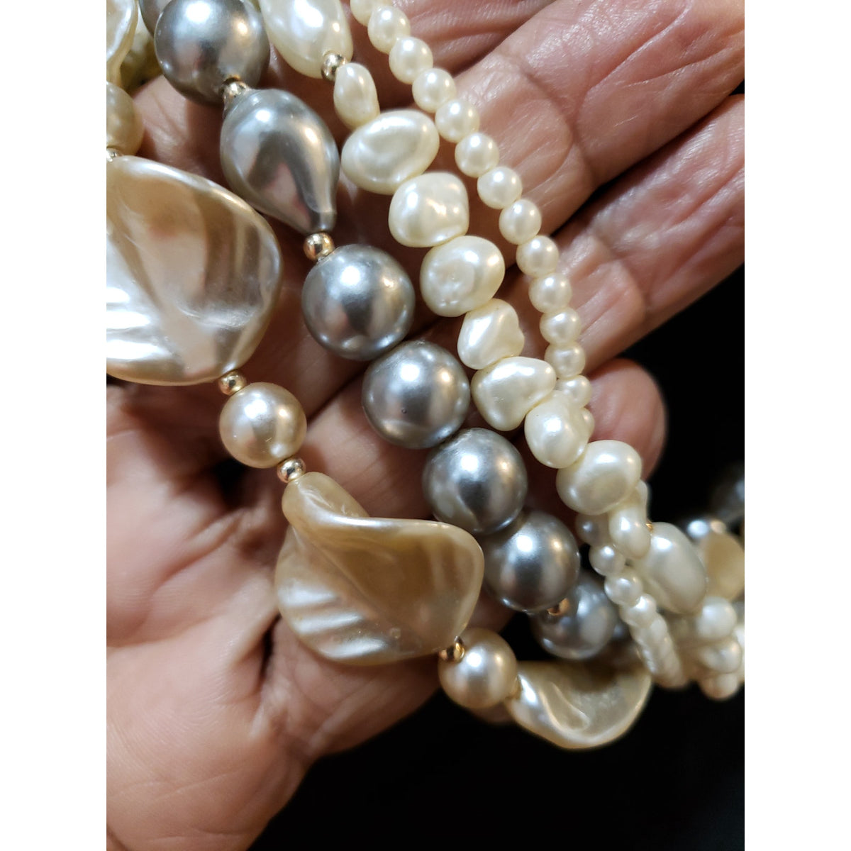 Womens 4 Strand Abalone Shell Faux Pearl Beads Necklace Jewelry w/ Spring Ring