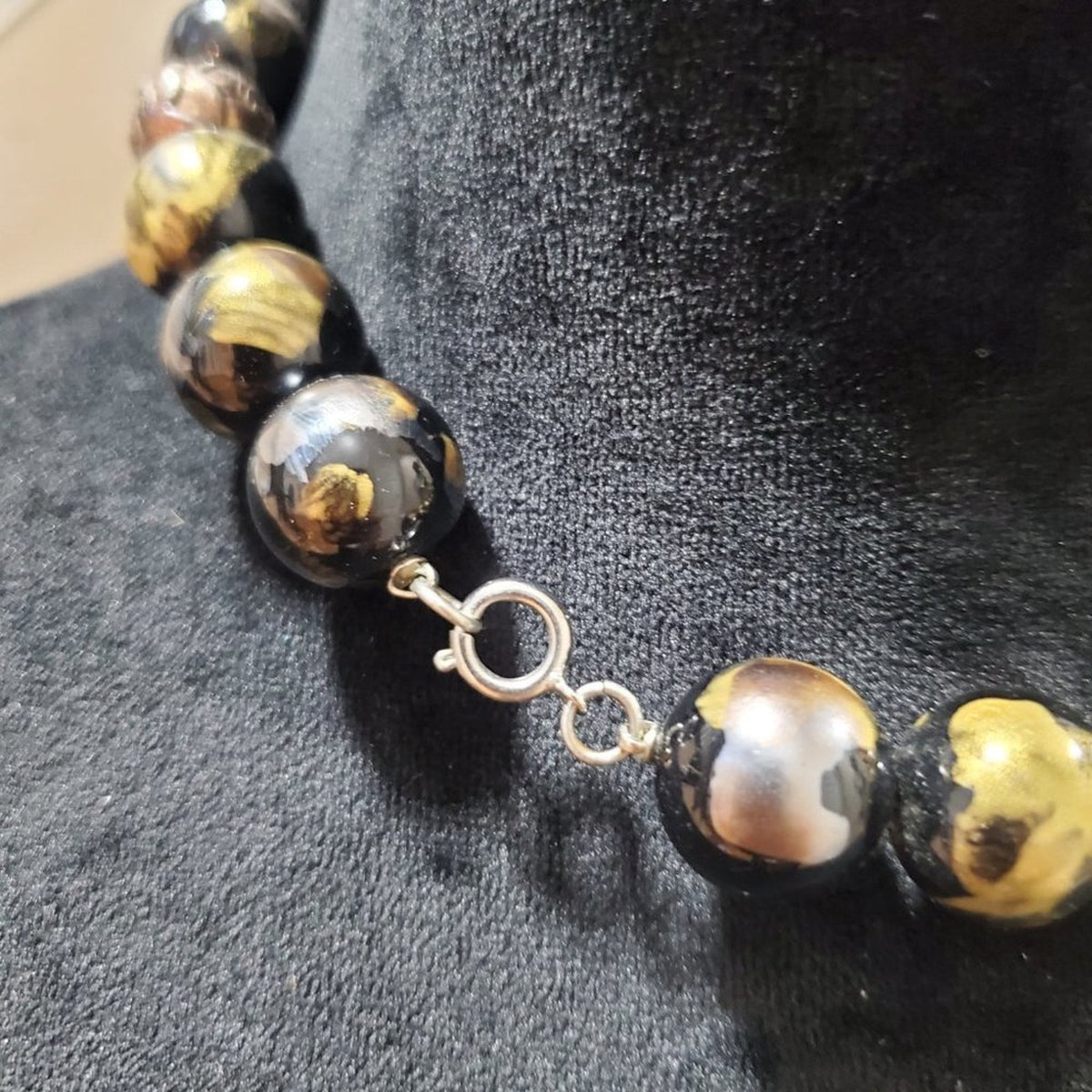 Womens Fashion Sculpted Orbs Black Gold Bead Bib Necklace with Spring Ring Clasp
