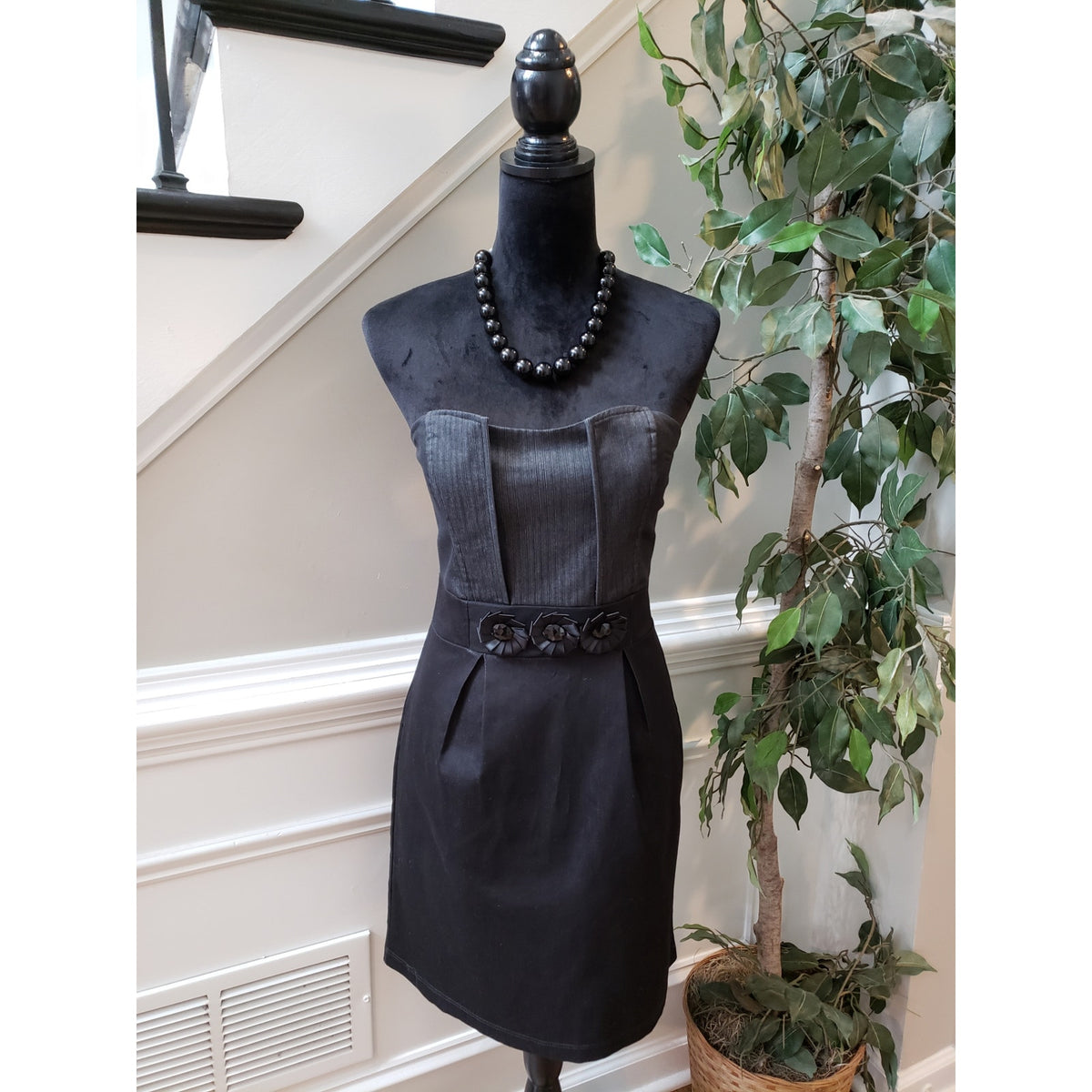 KupCake Mini Dress Women M Black Pinstriped Strapless Off The Shoulder Back Zip