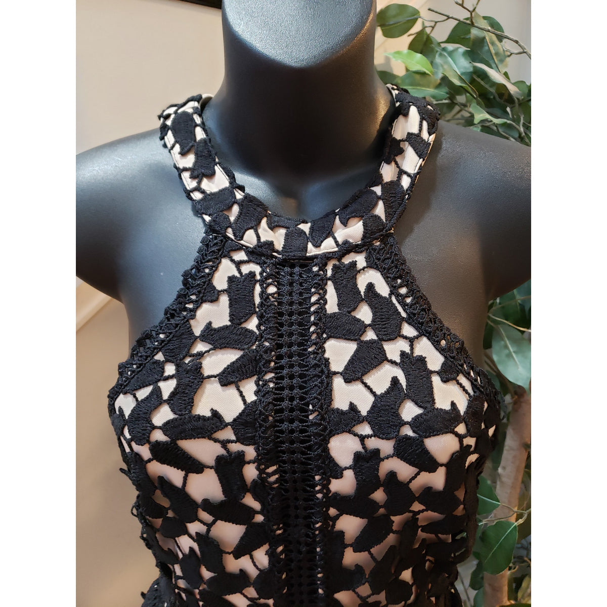 Depri A Line Dress Womens Large Beige Black Lace Overlay Halter Neck Racerback