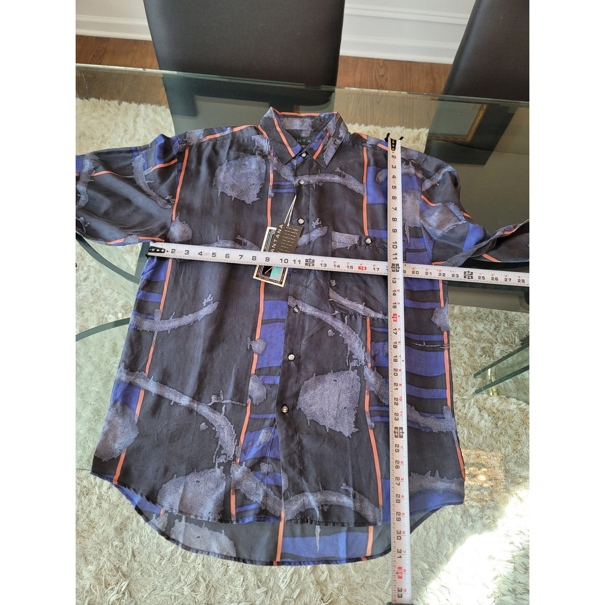 Rare Santana Button Up Shirt Men Large Navy Blue 100% Slik Long Sleeves Collared