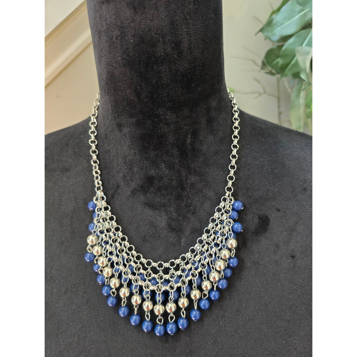 Blue Silver Tone Multi Strand Beaded Fringe Bib Statement Necklace