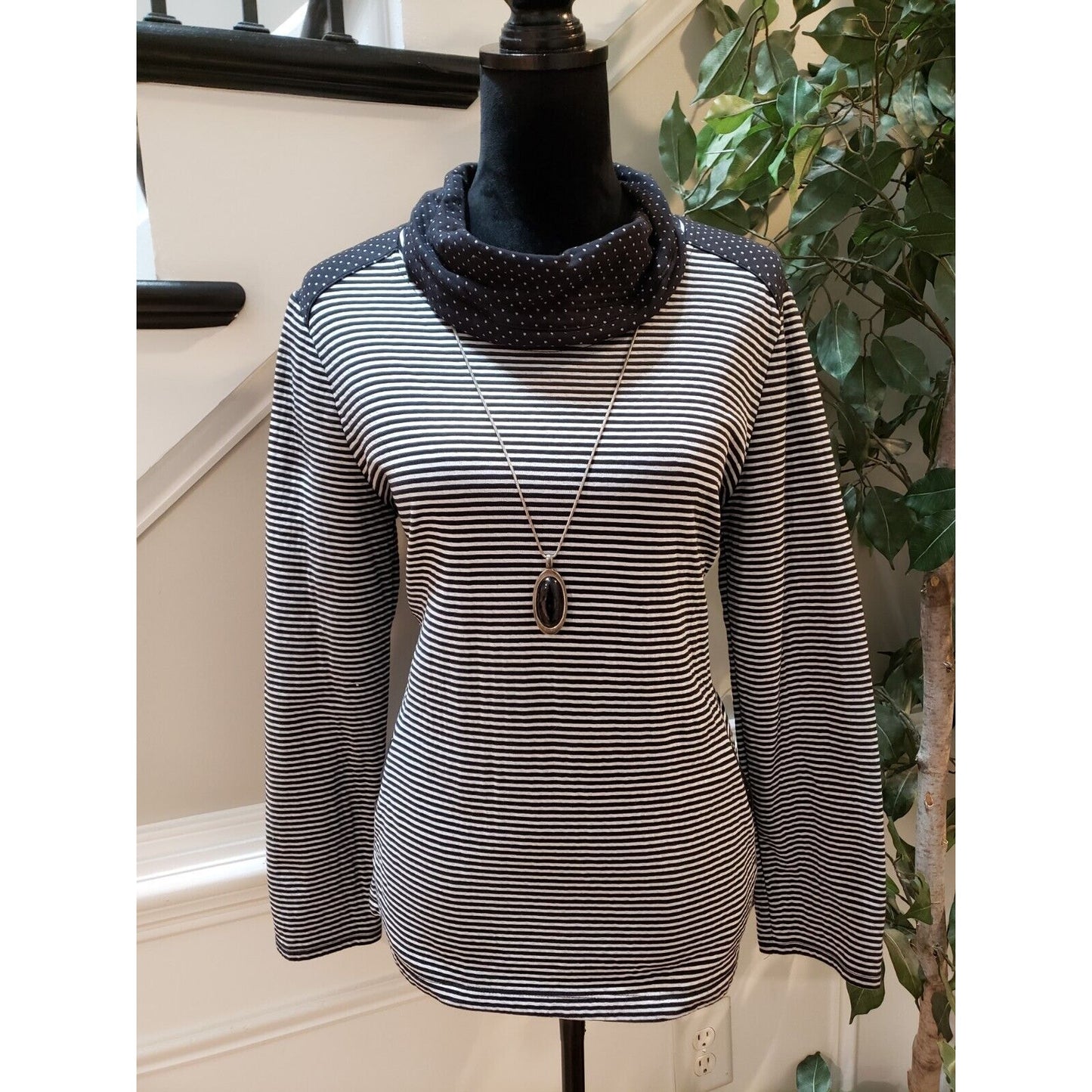 Weekends by Chico's Women's Black White Striped Long Sleeve Cowl Neck Sweater 1M