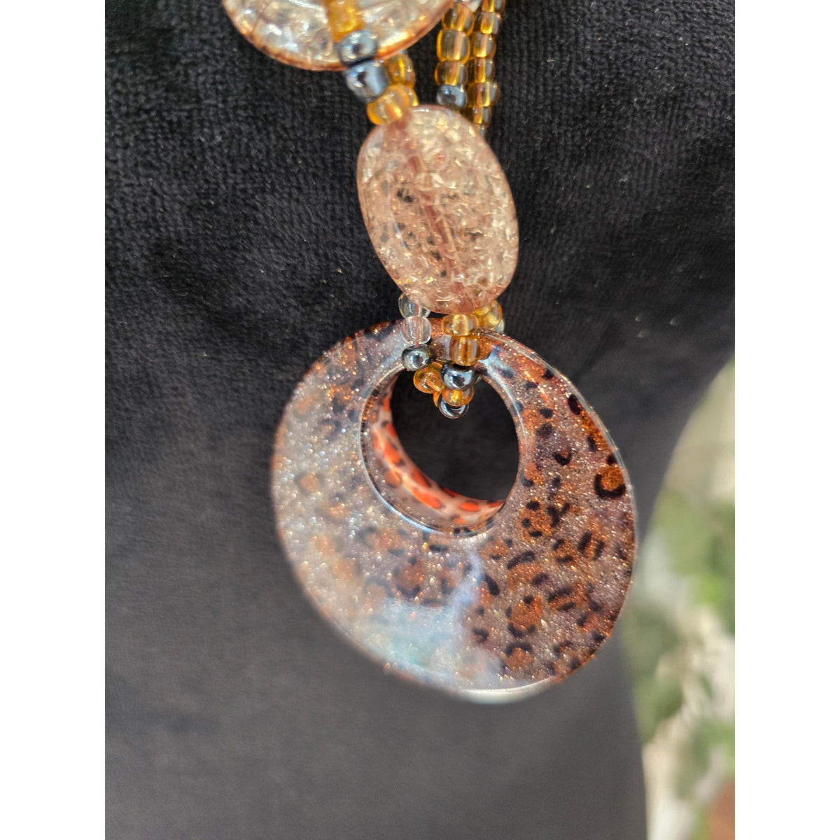 Long Pink Bronze Beaded Pendant Statement Necklace Boho Style