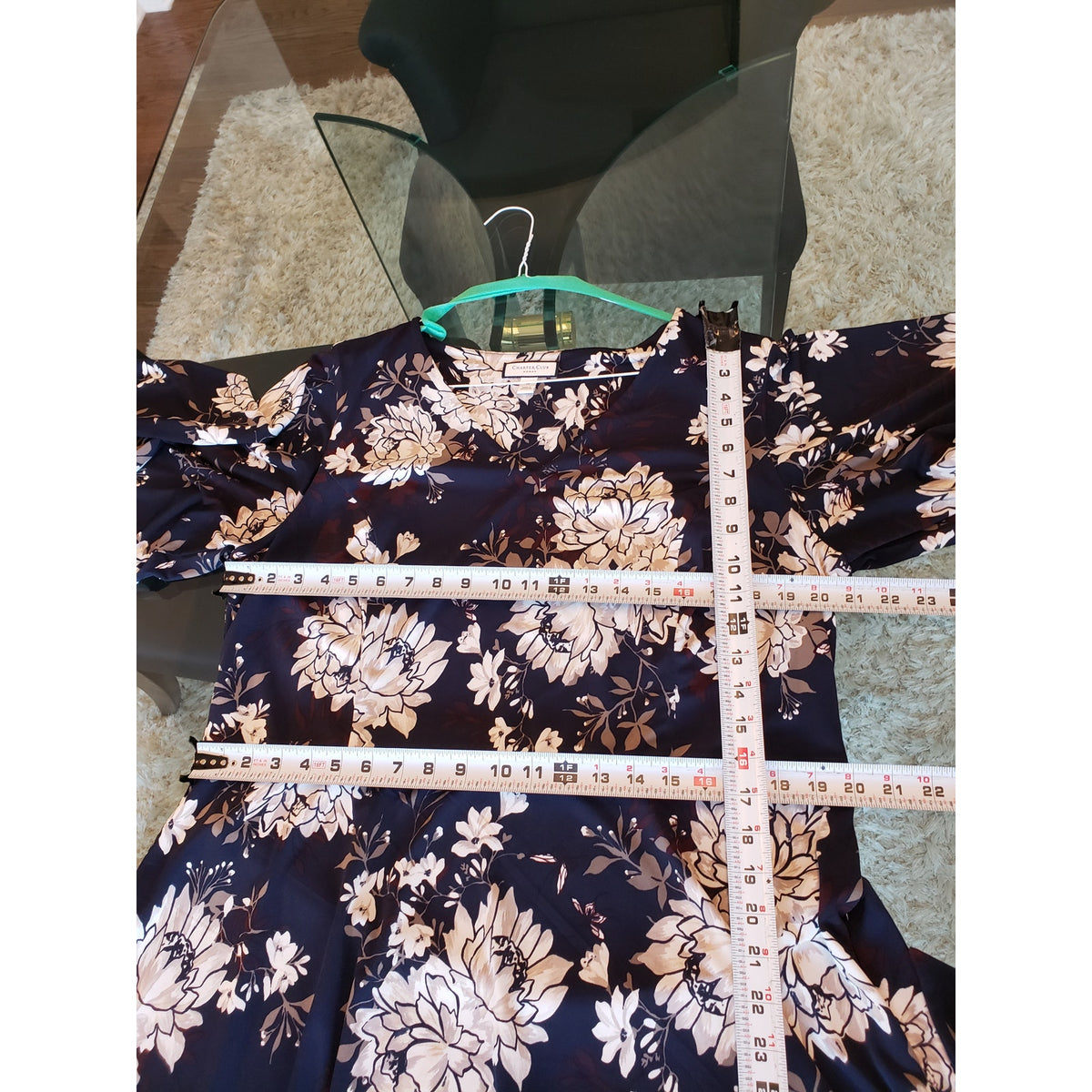 Charter Club Dress Women 1X Navy Blue Floral Belted Stretchy Midi V Neck