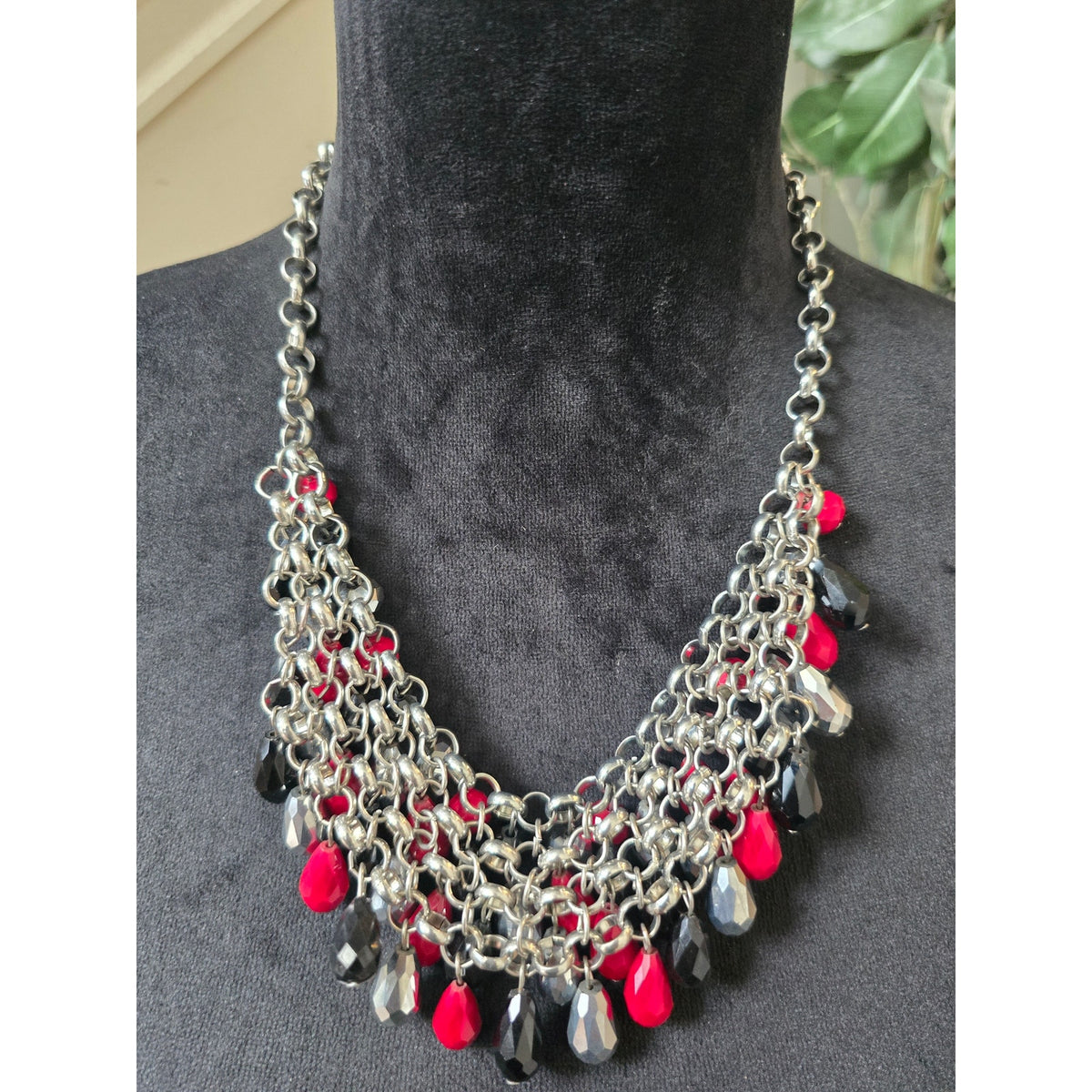 Red Black Gray Crystal Statement Necklace