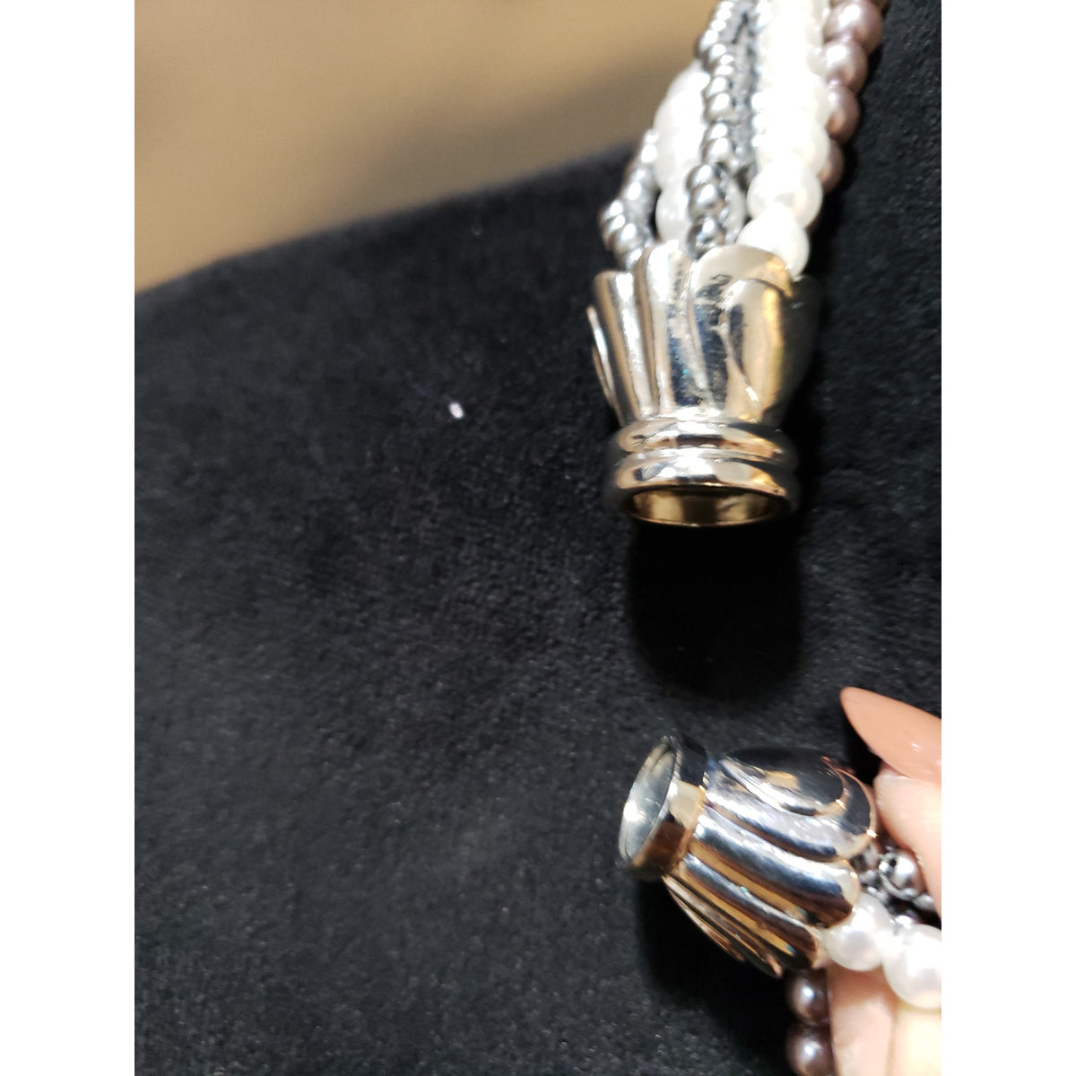 Women's Pearl Beaded Statement Necklace White/Brown Gunmetal Barrel Clasp