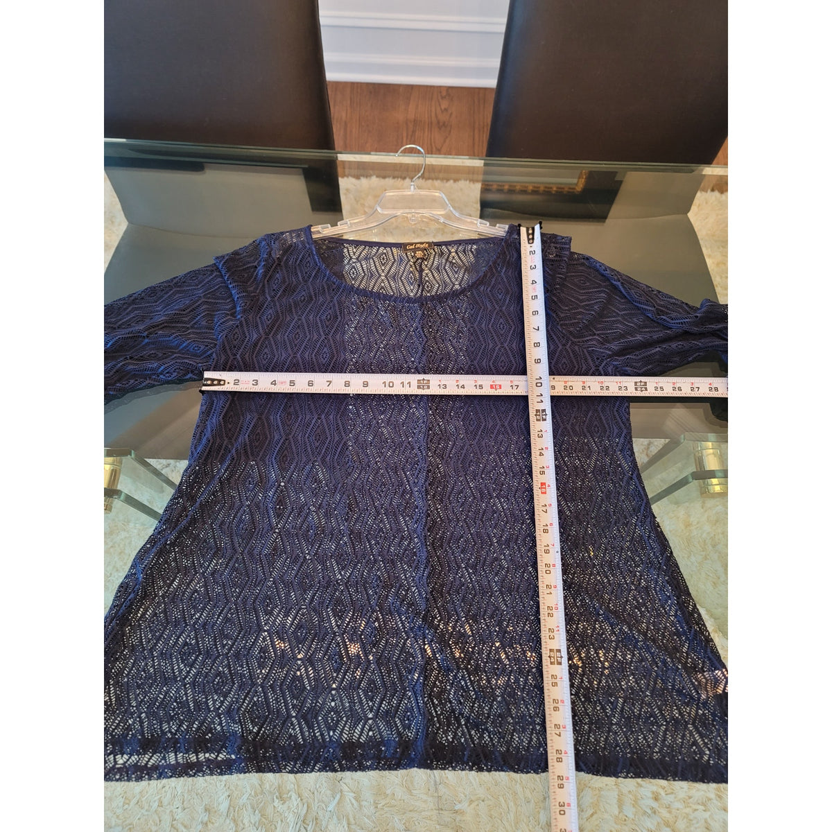 Cal Style Sheer Blouse Women's Size 3X-Large Navy Blue Boat Neck Long Sleeves