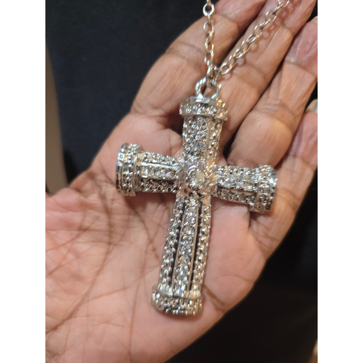 Women's Gold Tone Cross Pendant Necklace Rhinestone Pave Christian Chain Jewelry