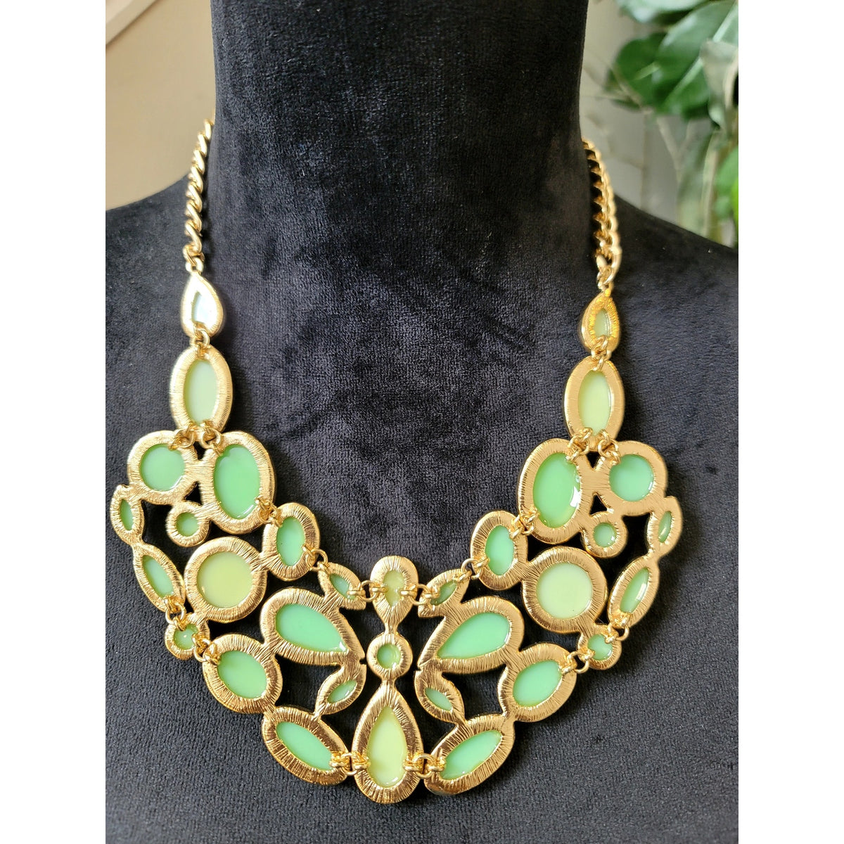 Mint Green Gold Tone Cabochon Bib Statement Necklace Chunky