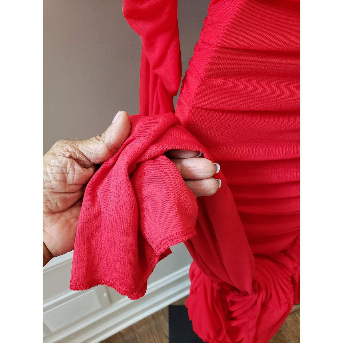 Fashion Nova Slinky Ruched Maxi Dress Womens S Red Cowl Neck Sheer Sleeve Lined