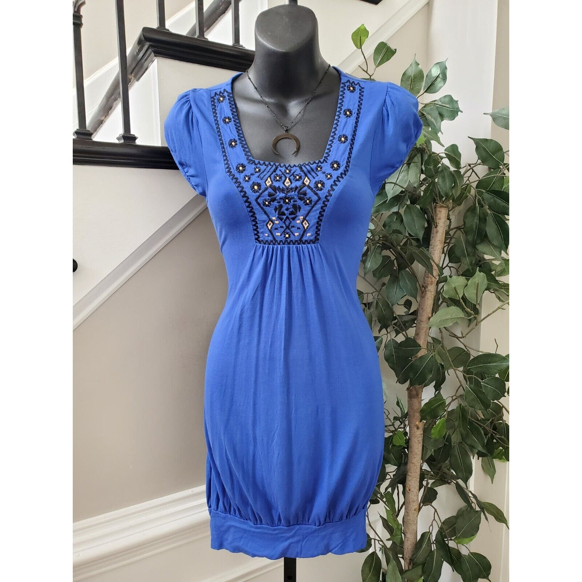 Sam & Max Women Blue Solid Viscose Square Neck Short Sleeve Knee Length Dress 8