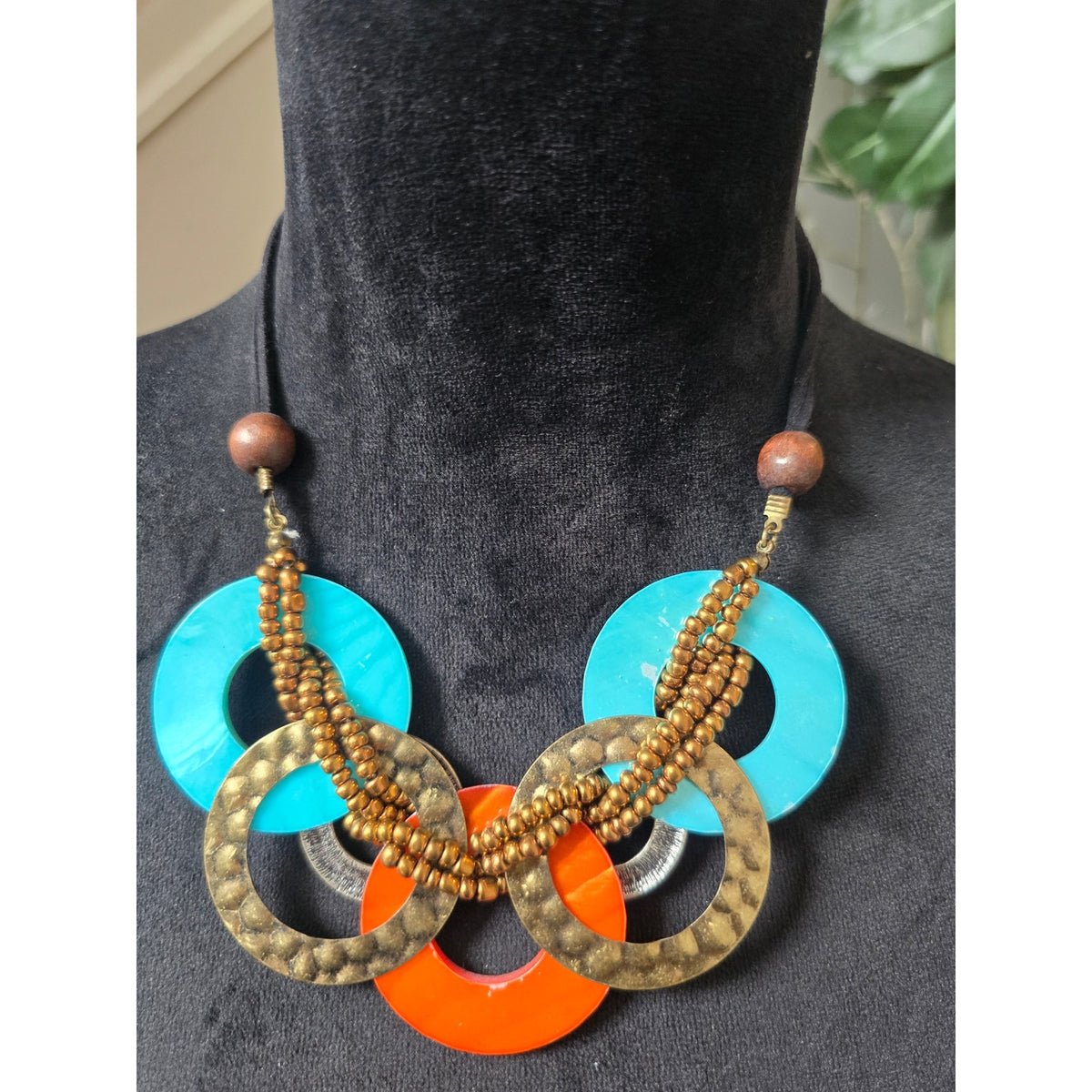 Turquoise Orange Gold Tone Oversized Mixed Circle Beaded Boho Necklace