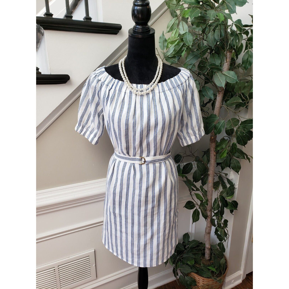 Michael Kors Women's White Striped Linen Off Shoulder Short Sleeve Mini Dress S