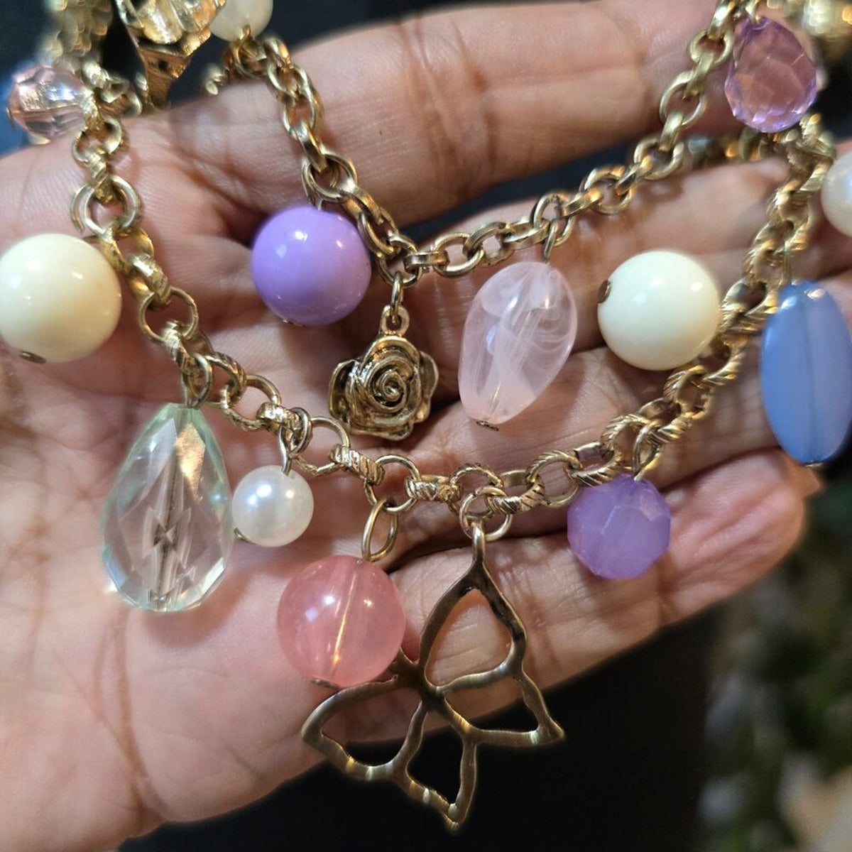 Womens Multicolor Multiple Beaded Charm 2 Layered Necklace with Lobster Clasp