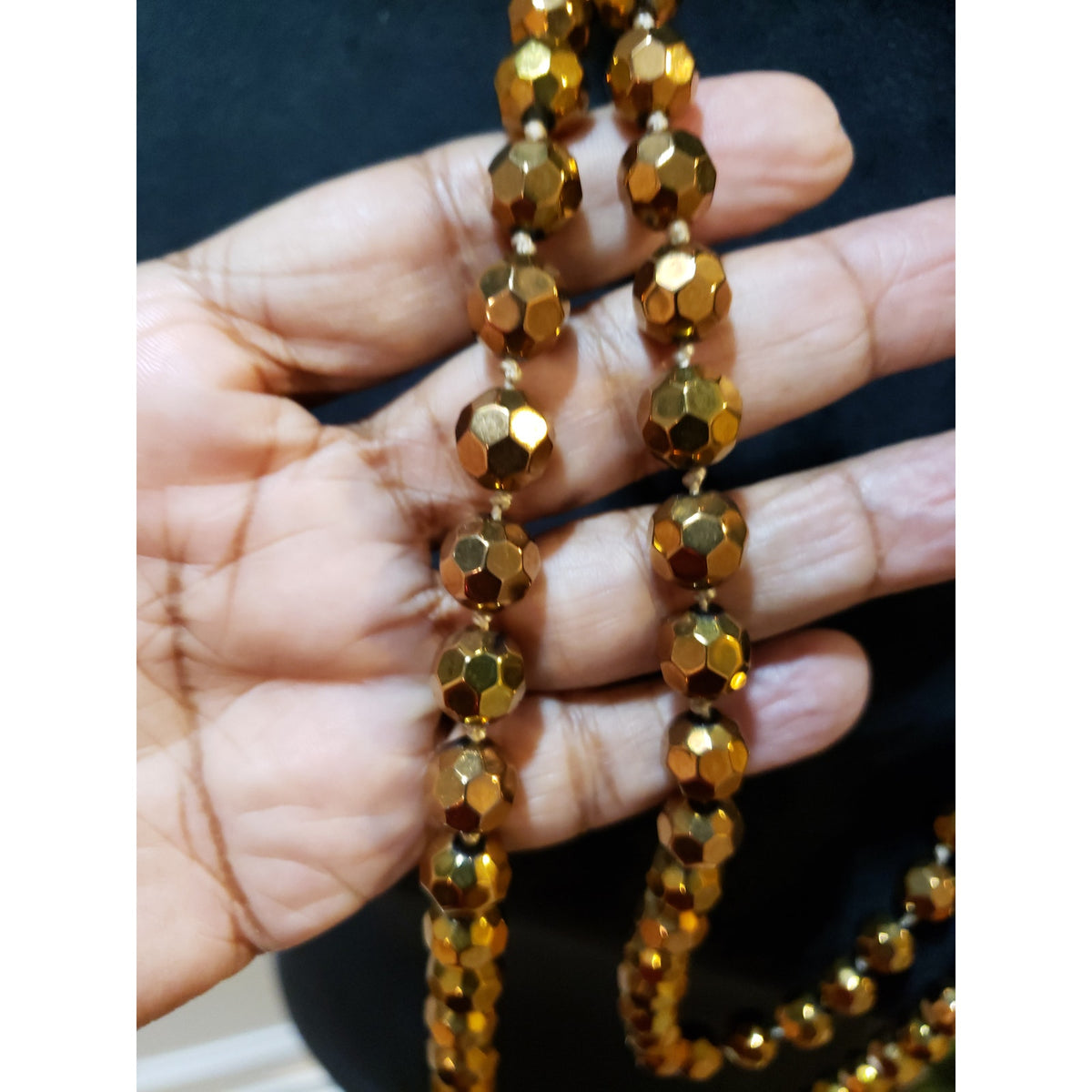 Womens Fashion Hand-Knotted Golden Faceted Glass Beaded Long Necklace Jewelry