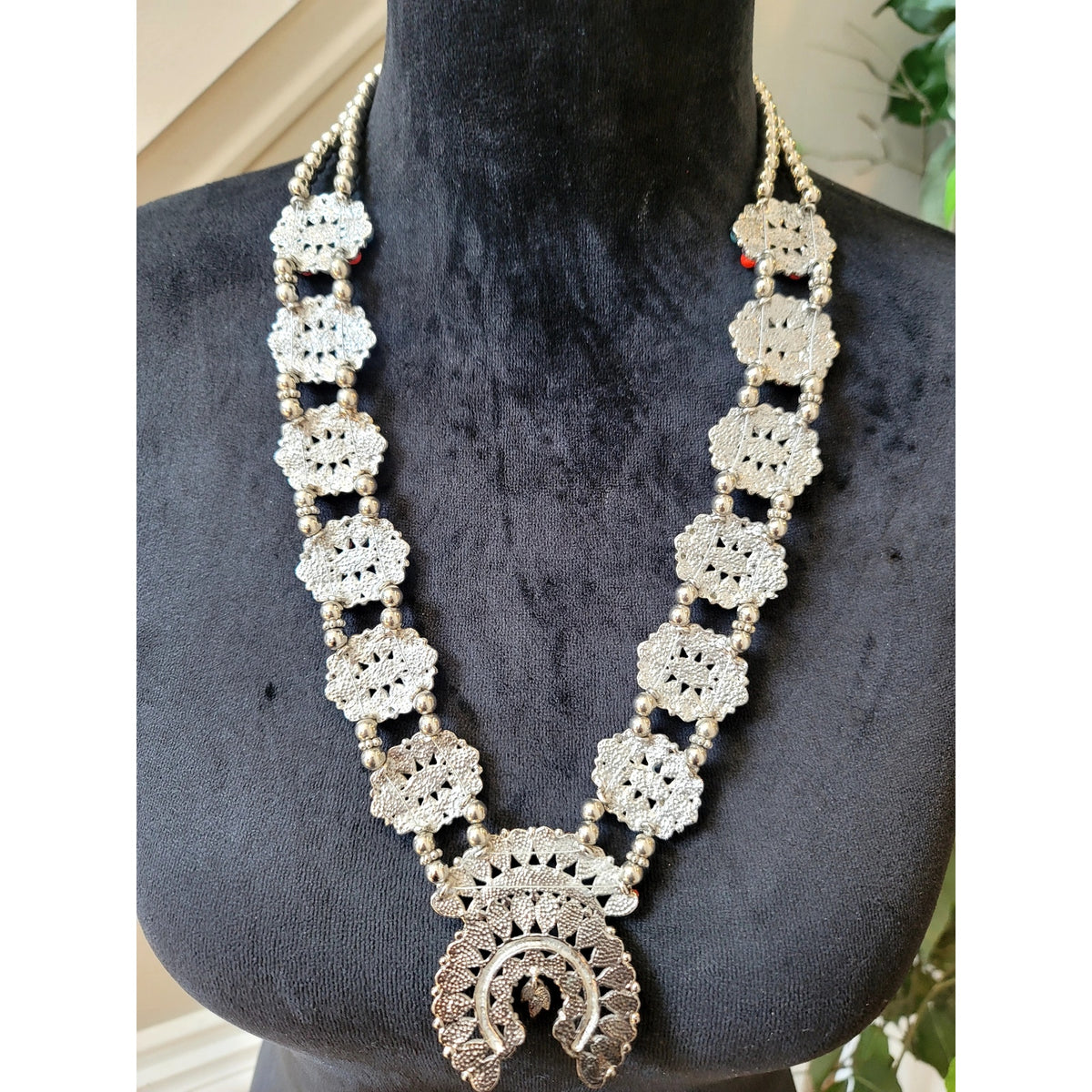 Southwestern Turquoise & Coral Squash Blossom Statement Necklace Boho Tribal