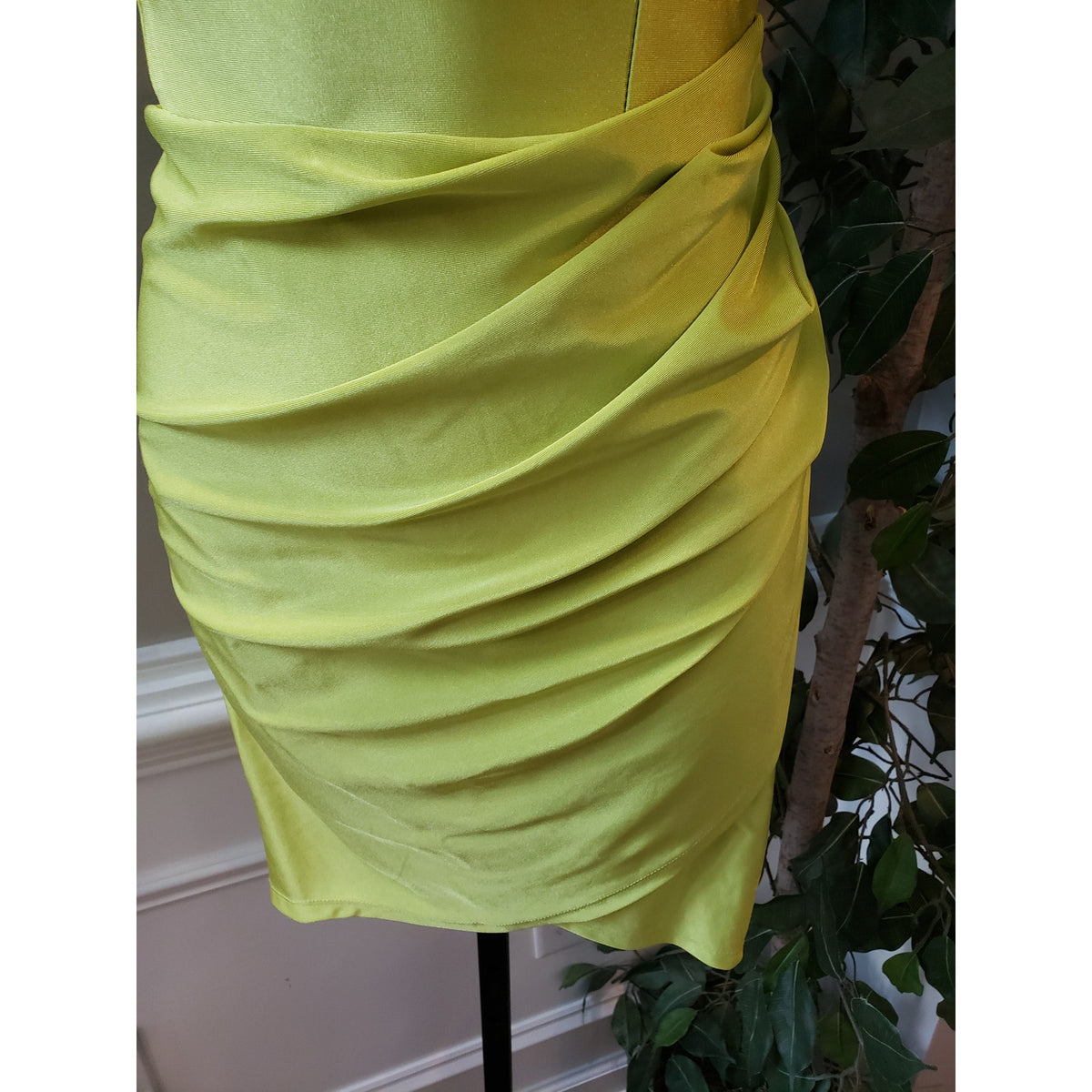 Blaishe Mini Bodycon Dress Womens Medium Lime Green Satin Faux Wrap Square Neck