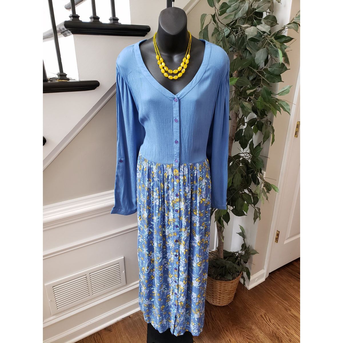 Woman Within Maxi Dress Womens 22W Blue Floral Rayon Long Sleeve Boho Style