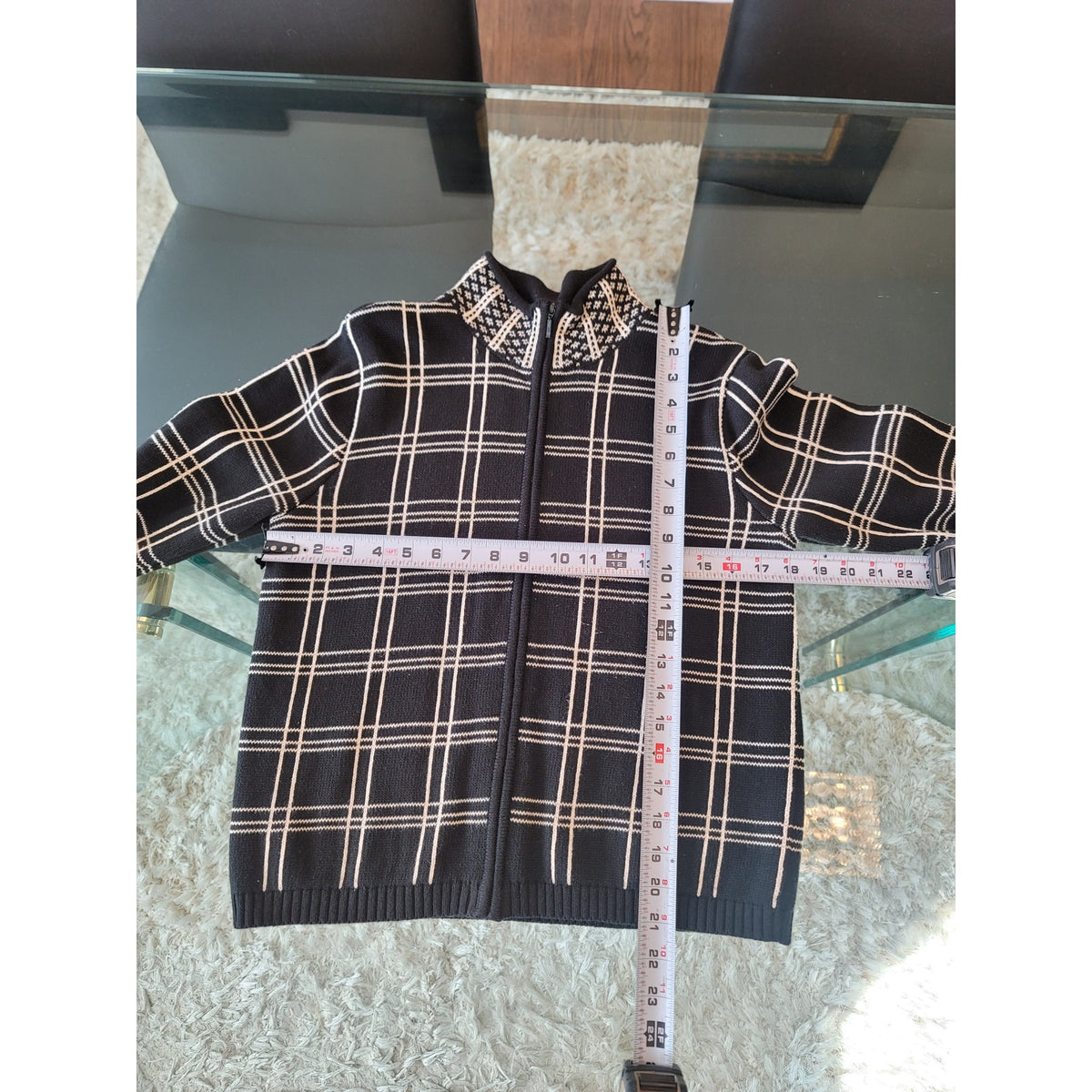Talbots Cardigan Jacket Women's Small Black Plaid Full Zip Mock Neck Ribbed Hem