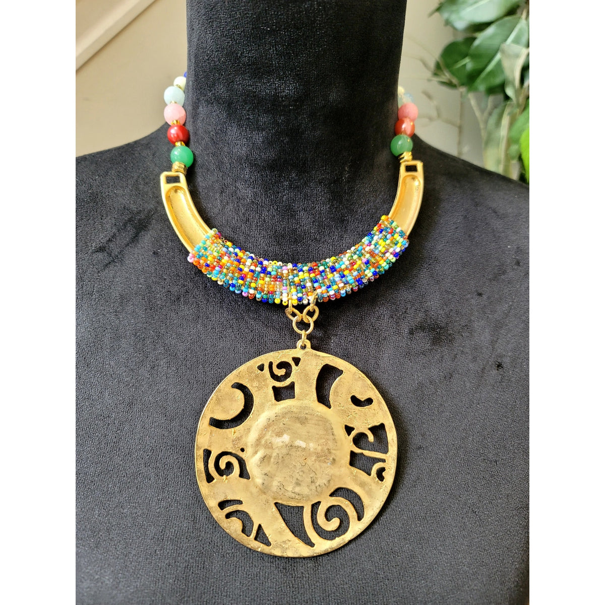 Multicolor Beaded Gold Tone Medallion Pendant Statement Necklace Boho