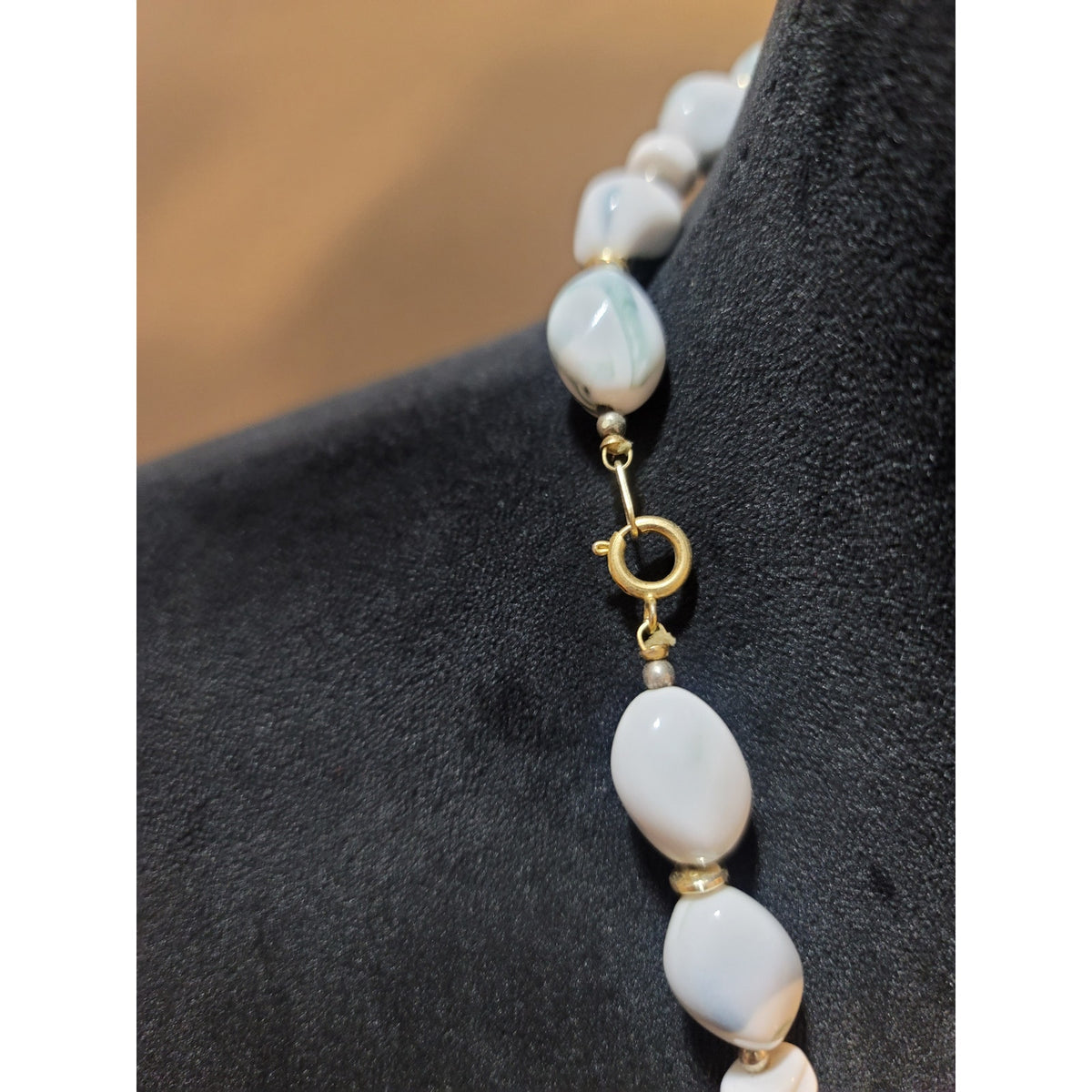 Women's Elegant White and Green Beaded Fashion Necklace with Gold Accents
