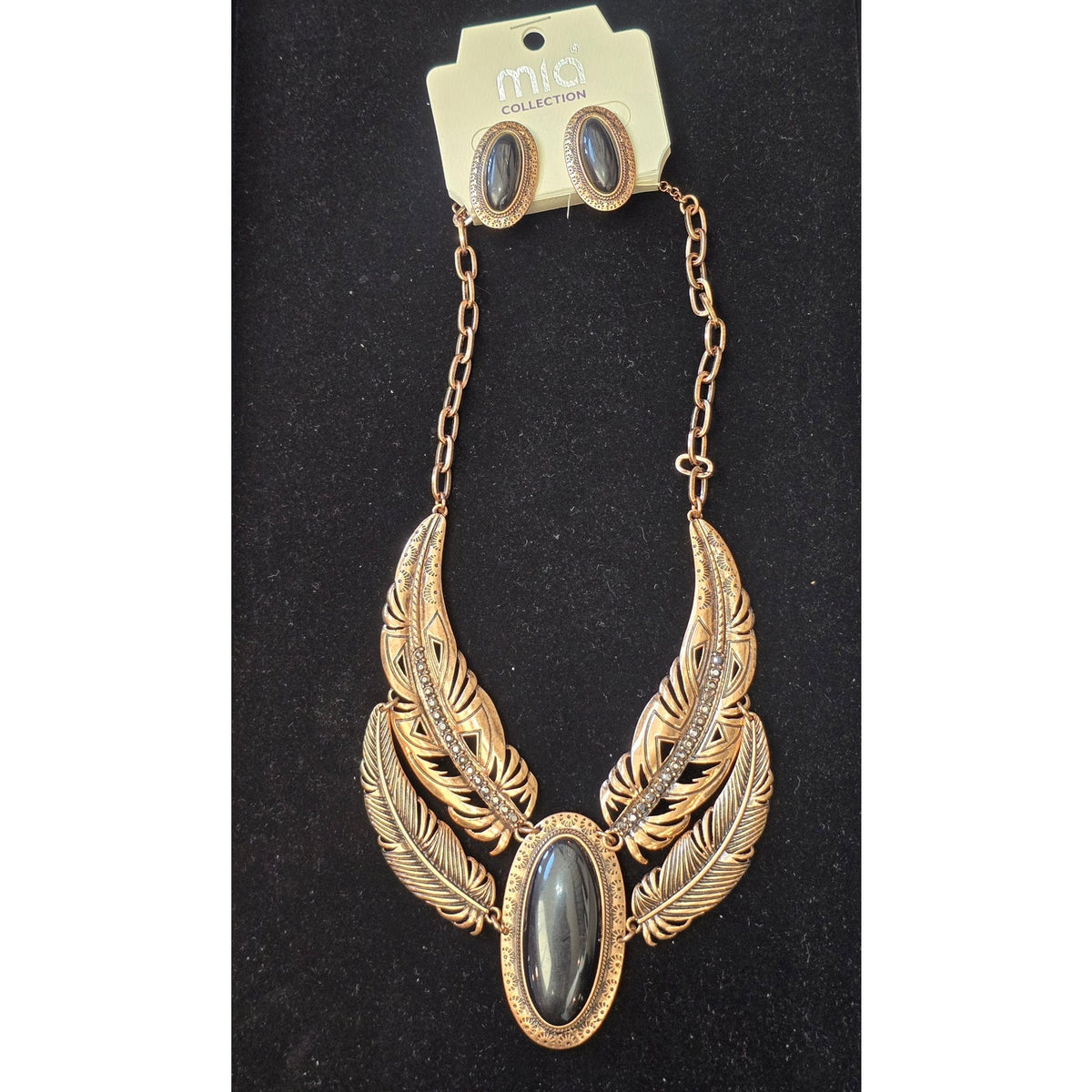 Mia Collection Gold-tone Layered Feather Black Onyx Necklace & Earrings Set