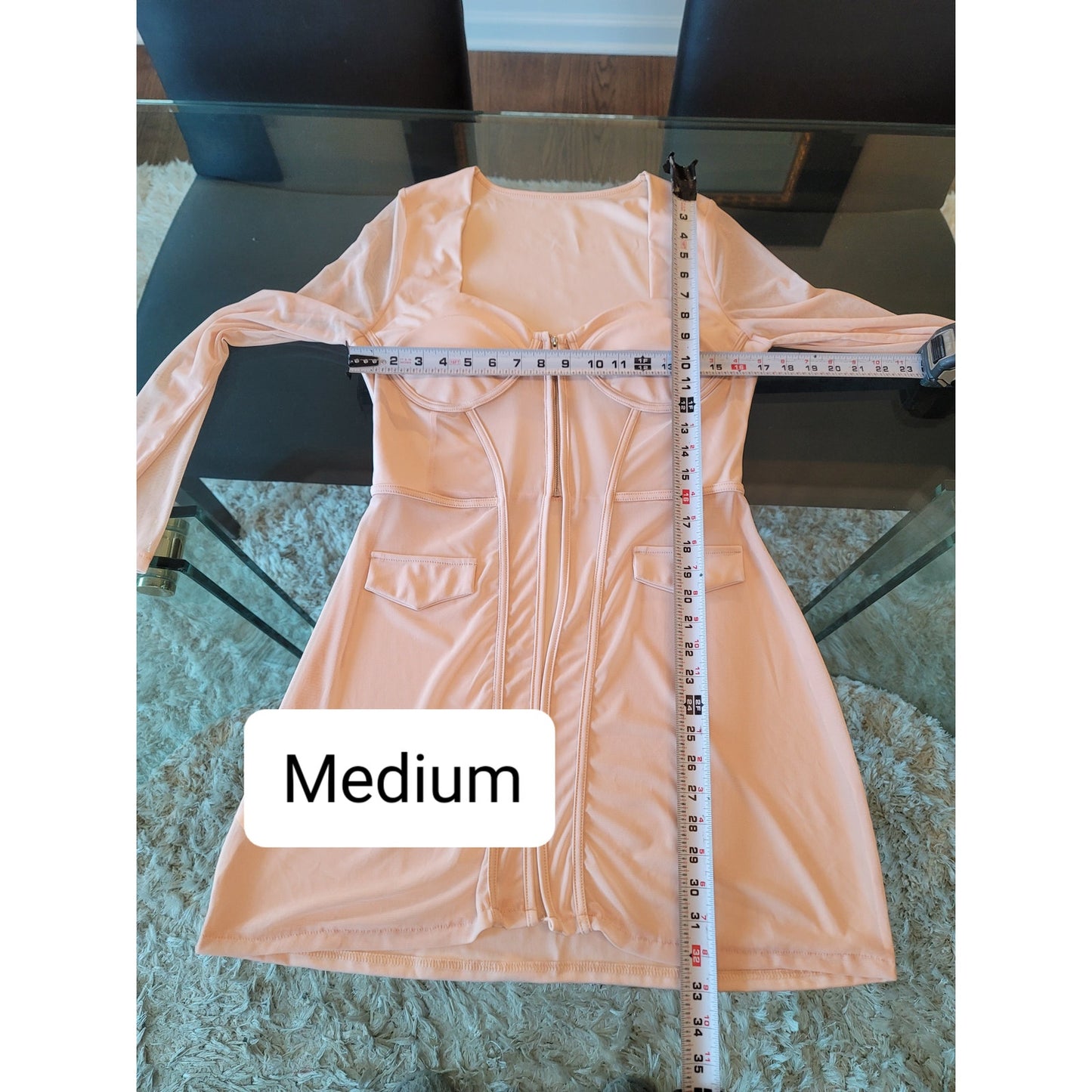 Women's 2 Piece Medium Peach Pink Long Sleeve Zip Front Corset Style Short Set