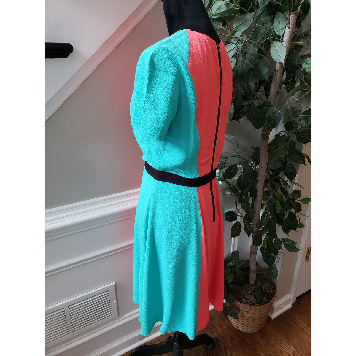 Womens Dress Womens Small Blue Pink Colorblock Lined Empire Waist Back Zip