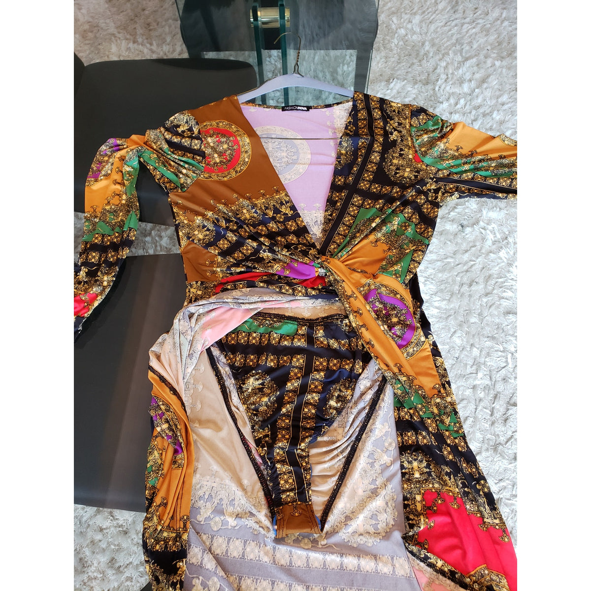 Fashion Nova Fit & Flare Dress Womens Large Multi Geometric Stretch Long Sleeve