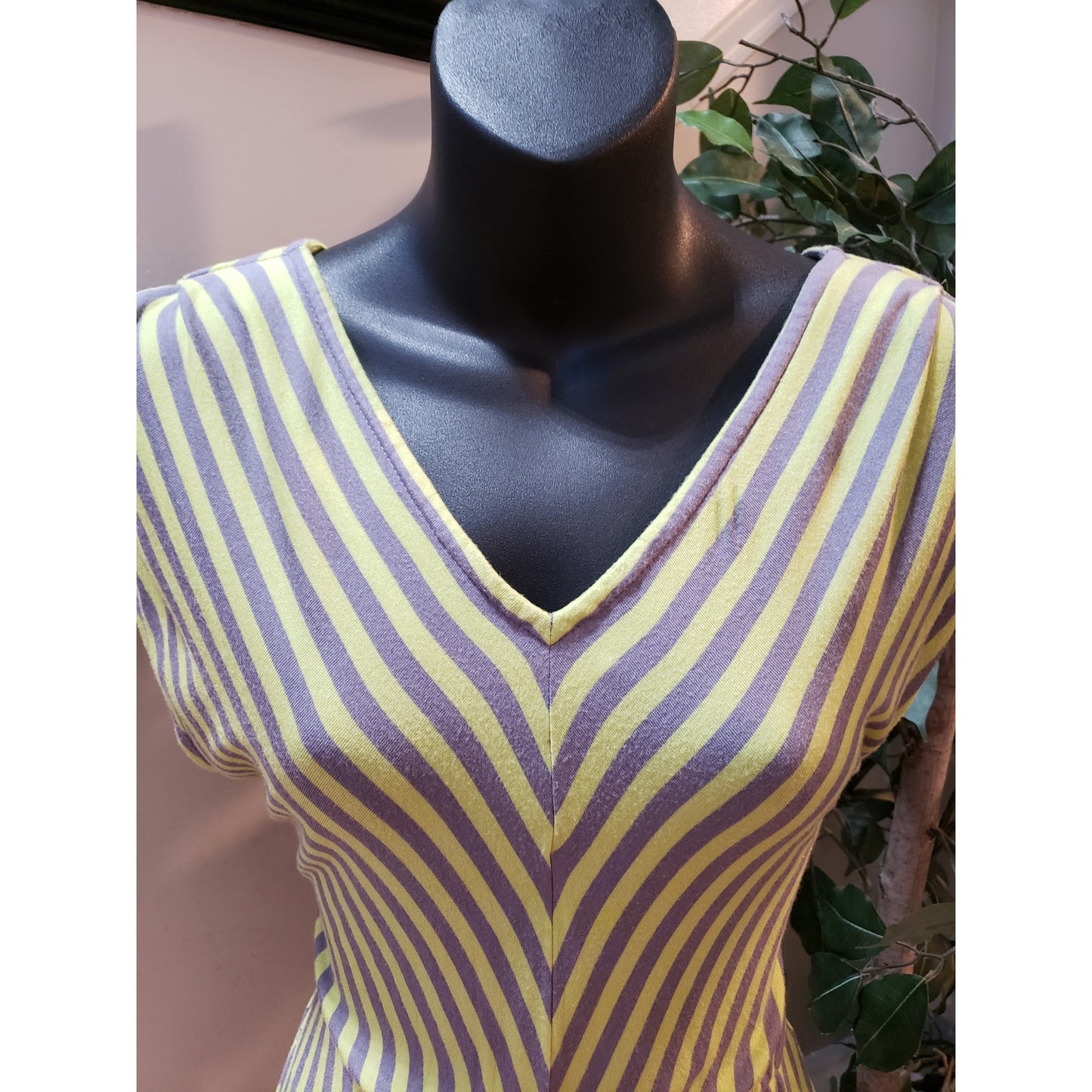 Mossimo Long Maxi Dress Womens XS Green Gray Striped Stretch Rayon Summer V Neck