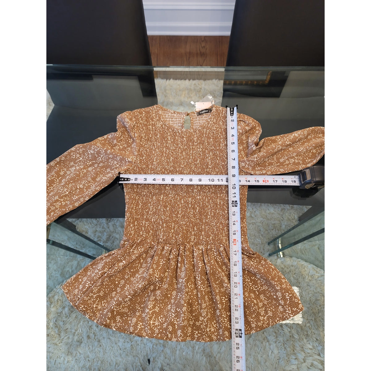 Fashion Peplum Blouse S Brown Floral Polka Dot Shirred Bodice Crew Smocked Party