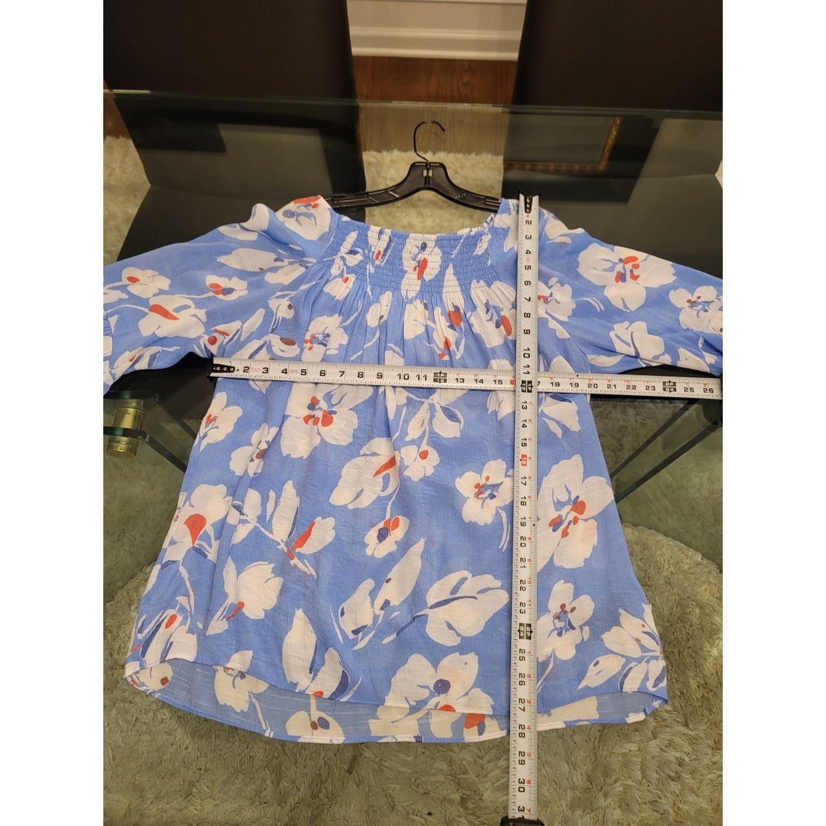 Zac & Rachel Blouse Women XL Blue White Floral Smocked Square Neck Flared Sleeve