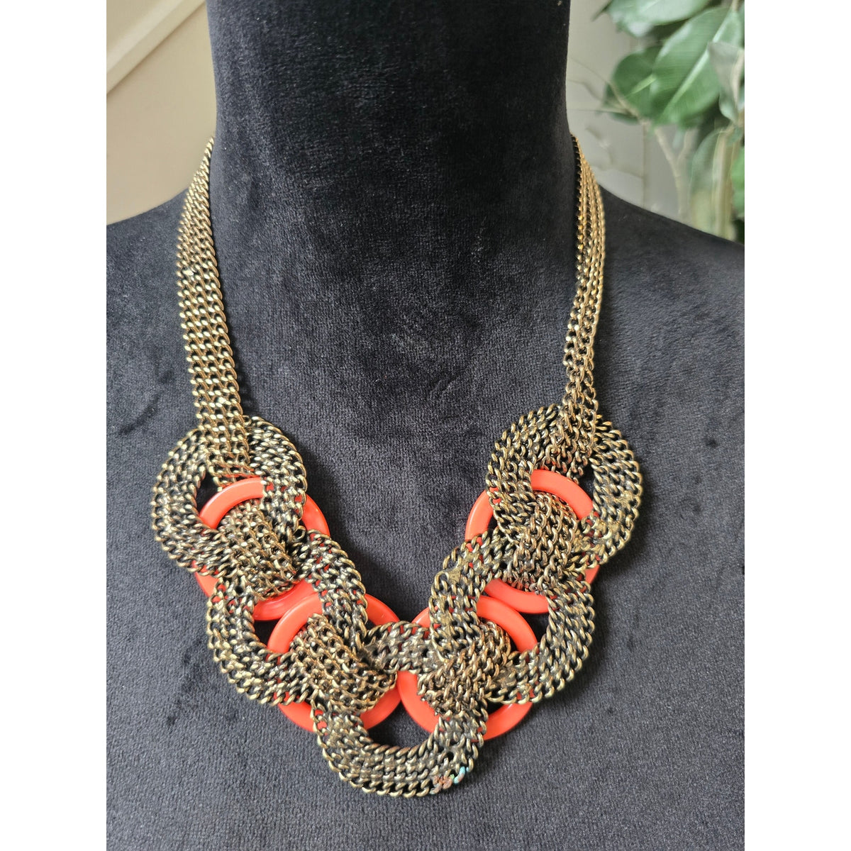 Coral Orange Gunmetal Gray Chunky Interlocking Chain Link Bib Necklace