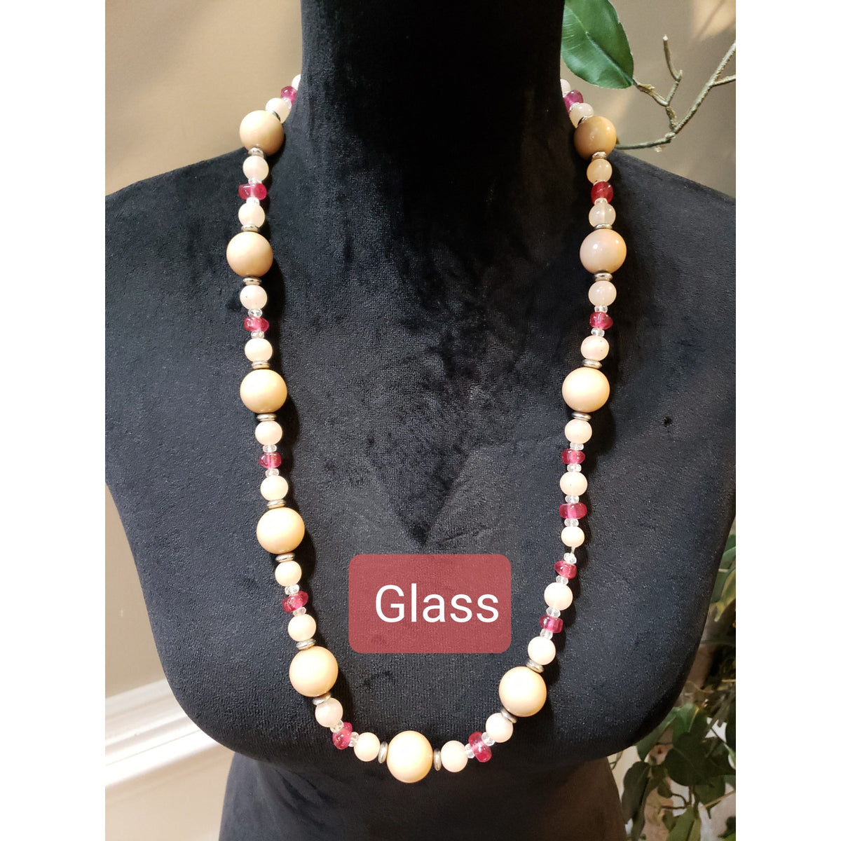 Women's Long Glass Beaded Necklace Cream Red Chunky Statement Jewelry