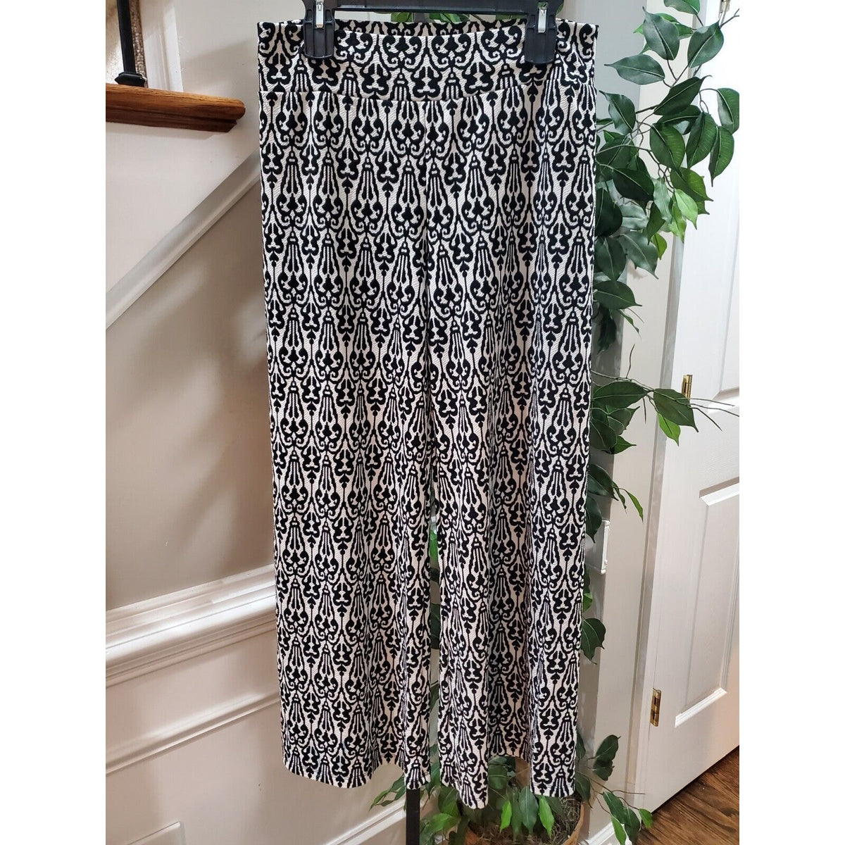 Christian Caliendo Womens Black & White Polyester High Rise Wide Leg Pant Size L