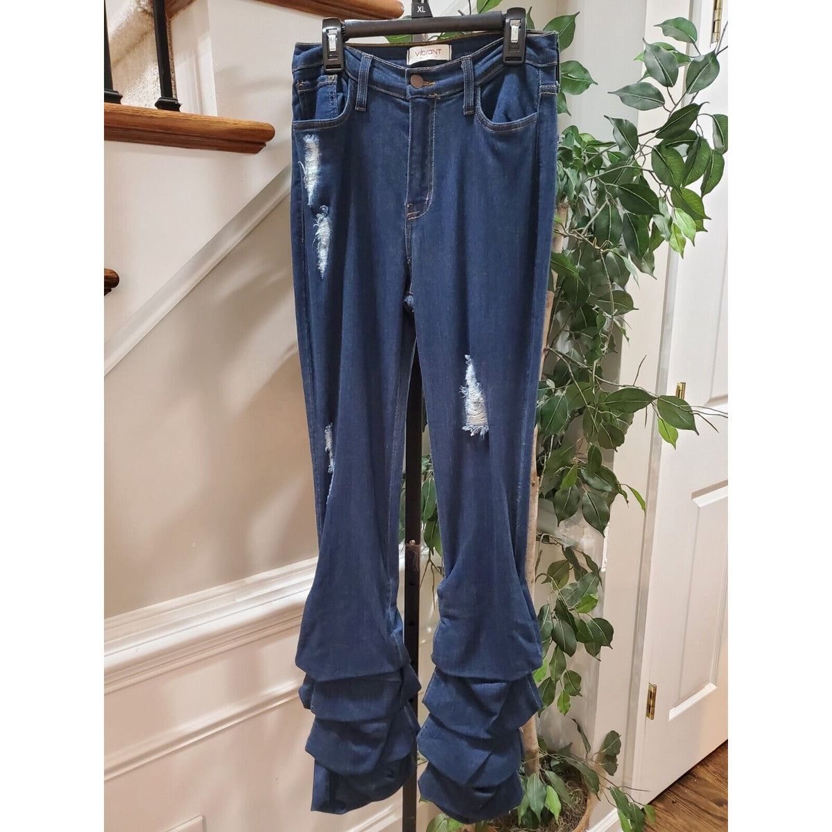 Vibrant Womens Stacked Blue Denim Rayon Distressed Pockets Pull On Jeans Large