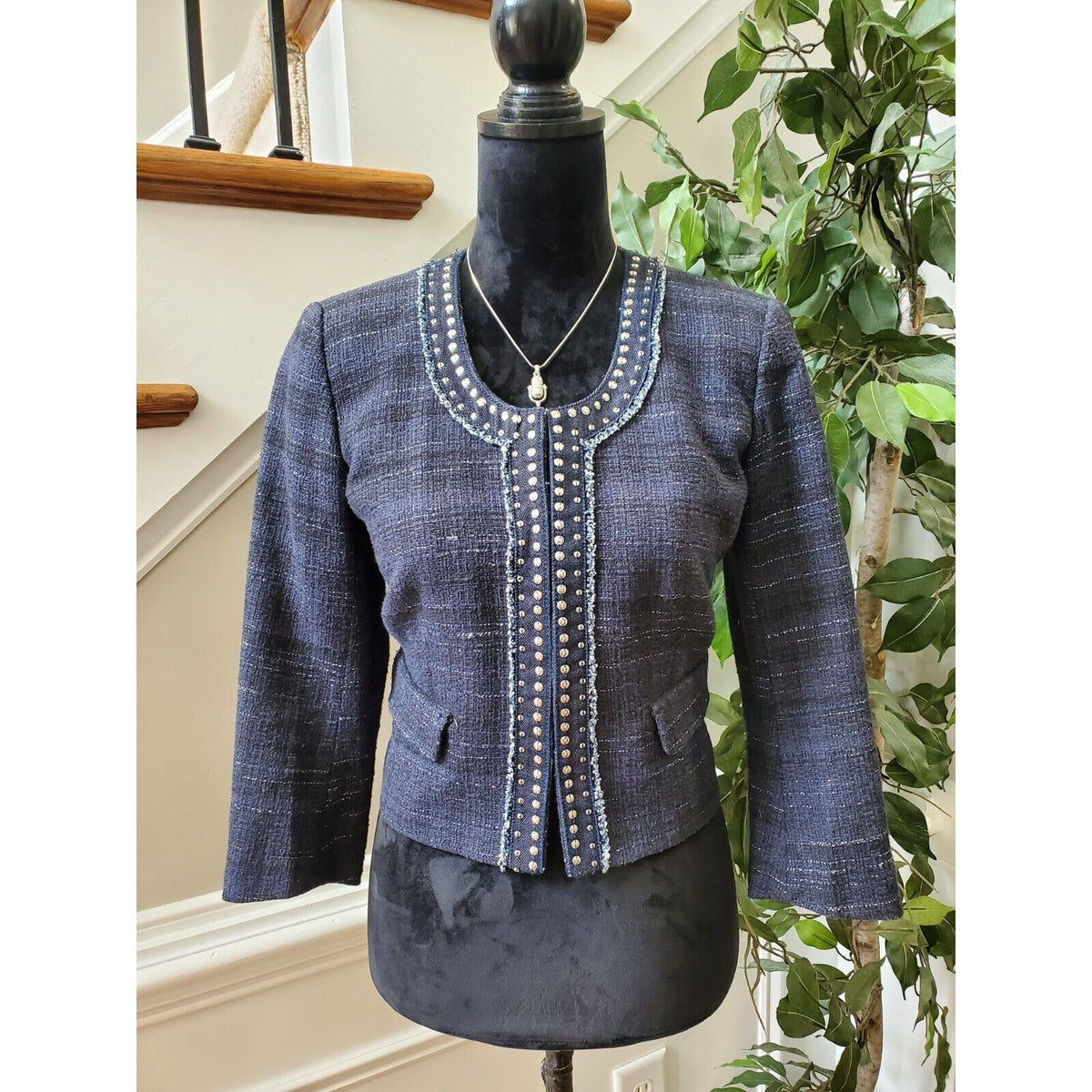 Ann Taylor Loft Women's Blue Cotton Long Sleeve Casual Crome Studded Blazer 4