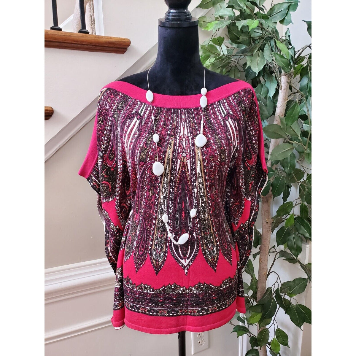Cache Top Poncho Blouse Pink Paisley Knit Kimono Batwing Sleeves No Belt Size M