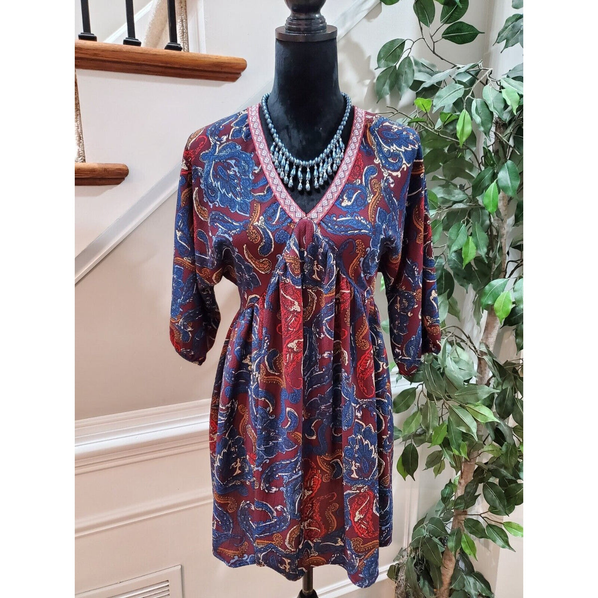 Umgee Boho Paisley Cotton V-Neck Half Sleeve Festival Dress Size Small