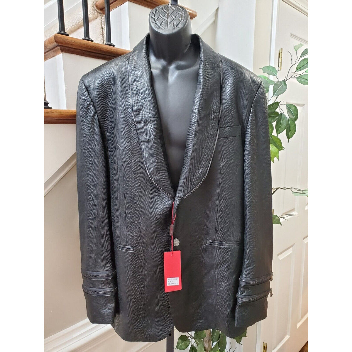 Biarelli Mens Black Snakeskin Leather Single Breasted Blazer Jacket Size Large