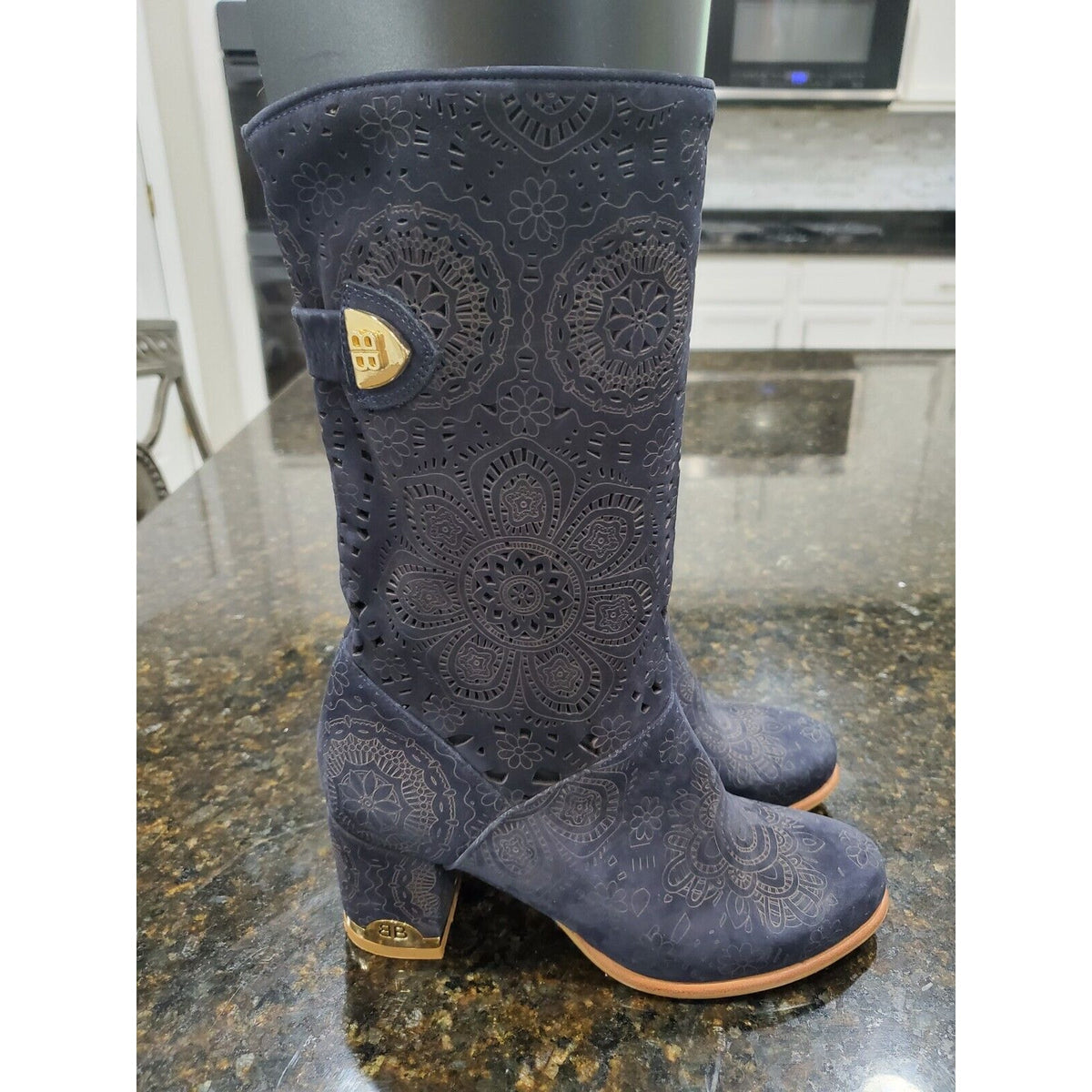 BATE Women's Blue Mid-Calf Modern Western Cowboy Chunky Heel Boot Size 37