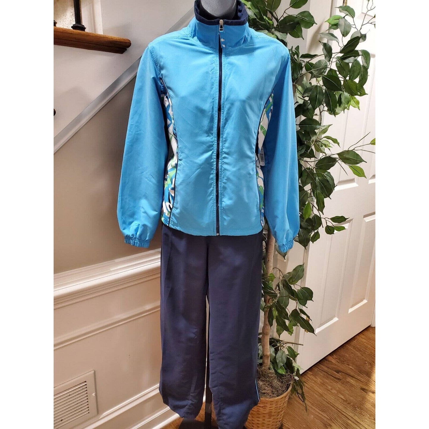 Threehearts Women's Blue Polyester Long Sleeve Jacket & Trouser 2 Piece Suit PL