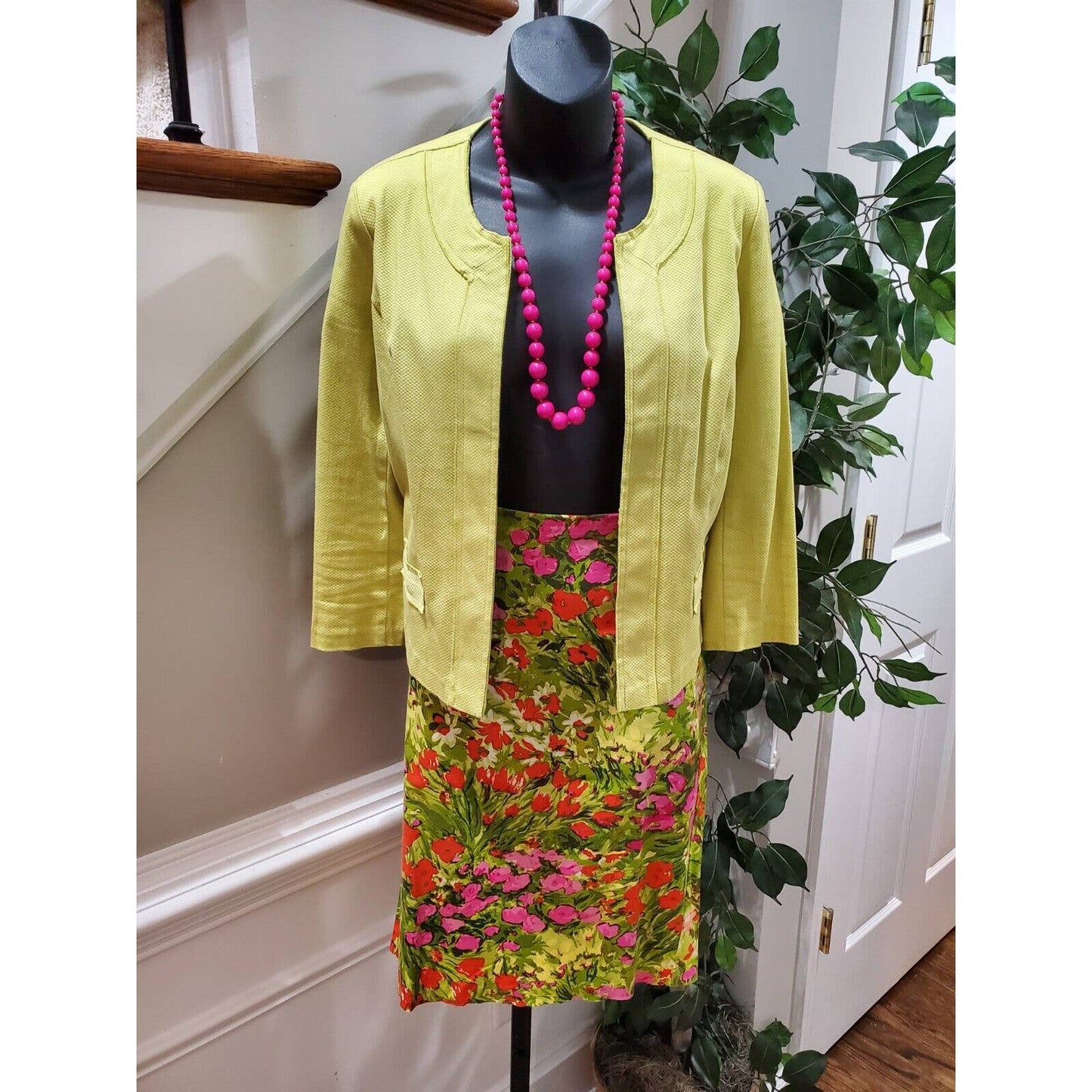 Sunny Leigh Women Yellow & Green Cotton Open Front Jacket & Skirt 2 Pc's Suit 6