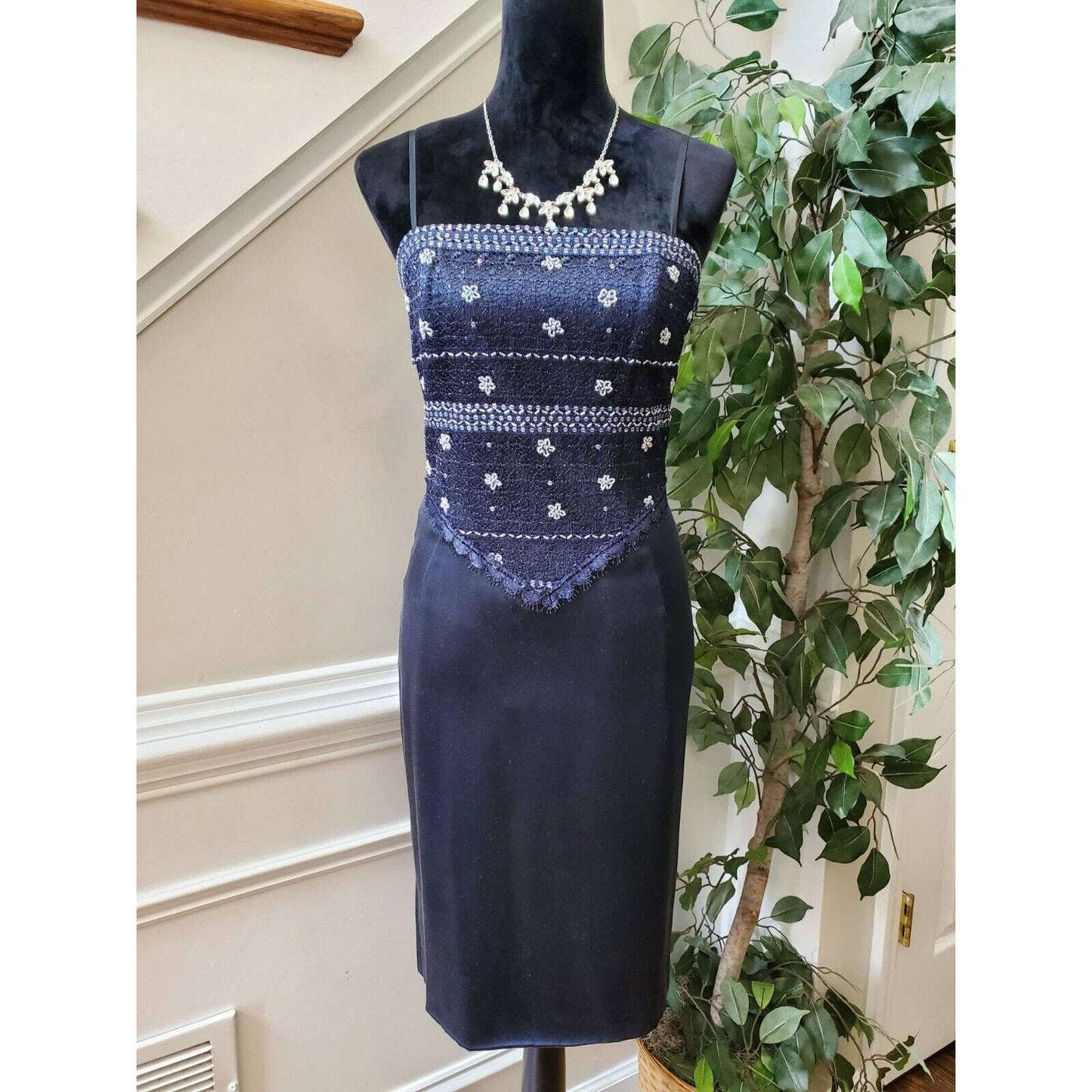 Vintage Women's Blue Polyester Sleeveless Dressy Strappy Knee Length Dress S
