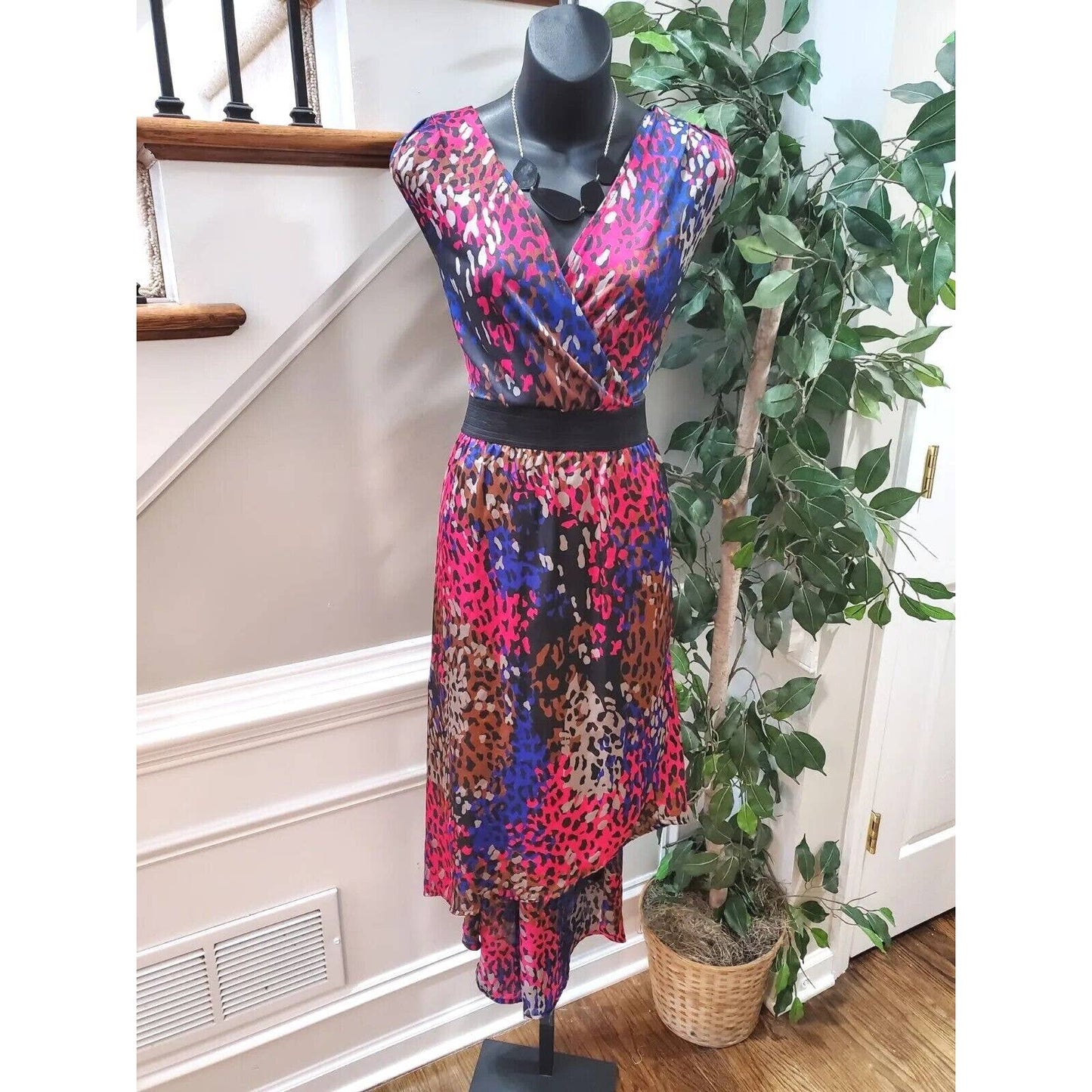 Women's Multicolor Polyester V-Neck Sleeveless Casual Maxi Dress Size Large