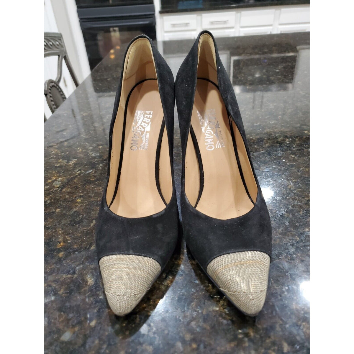Salvatore Ferragamo Women's Black & Gold Toe More Suede Chain Cap-Toe Pumps 10