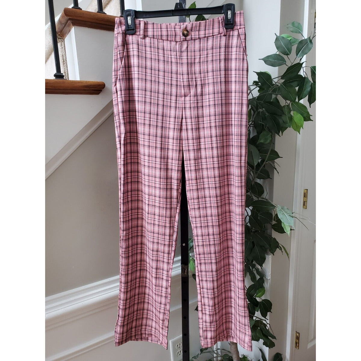 SheIn Womens Pink Plaid Polyester Slash Pockets Casual Straight Leg Pants Small