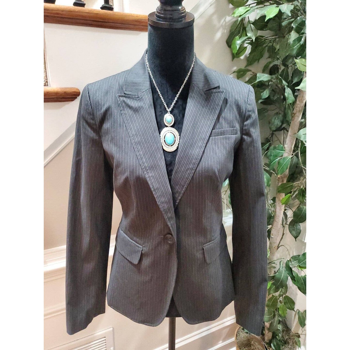 Banana Republic Women Gray Striped Cotton Long Sleeve Single Breasted Blazer 8