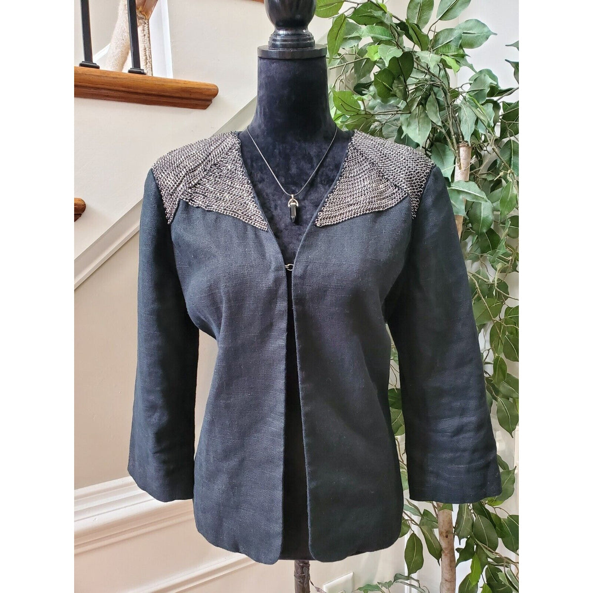 Chico's Women's Black Linen Long Sleeve Casual Hook & Eye Jacket Blazer Size 2 L